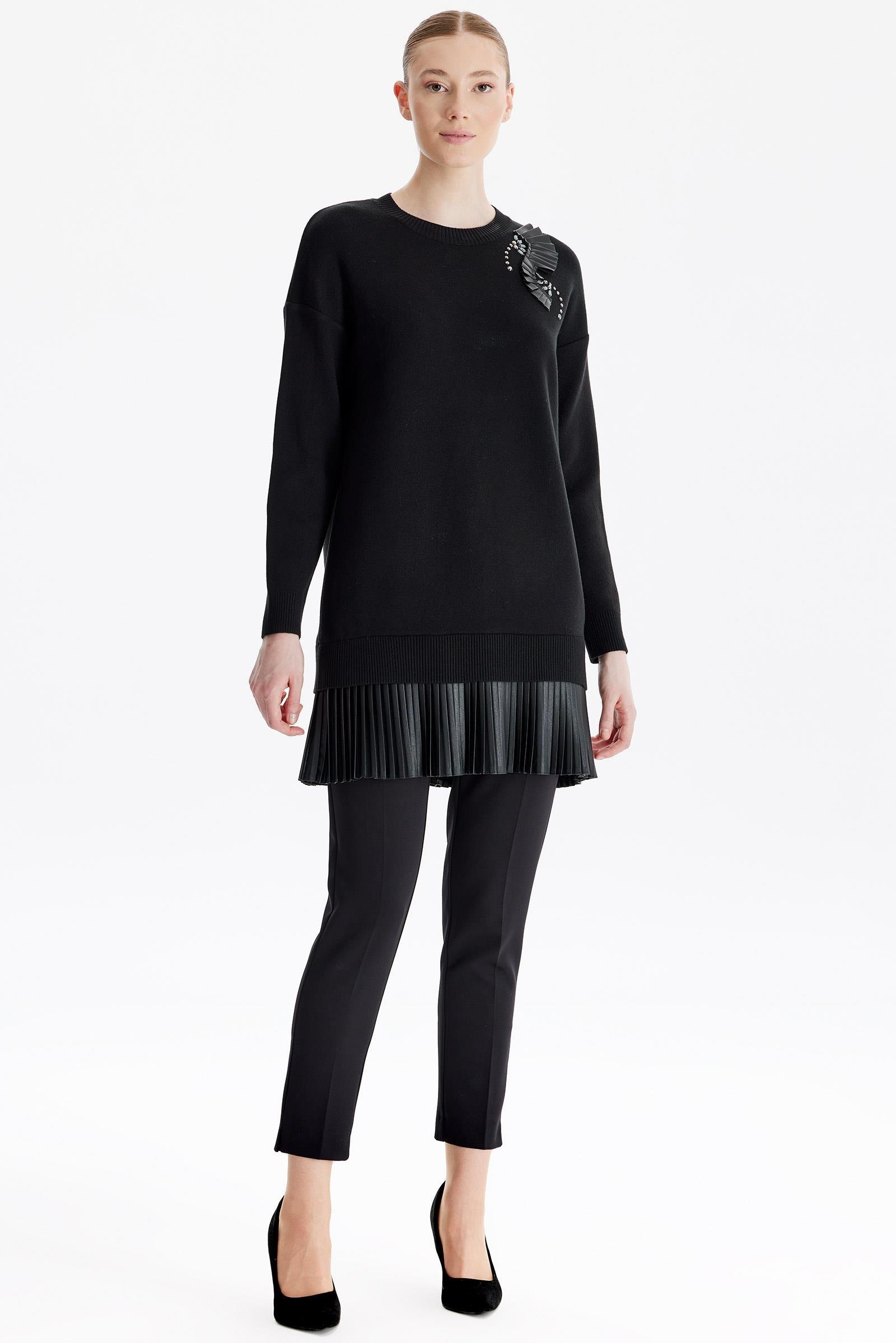 Deri Piliseli Triko Tunik SİYAH