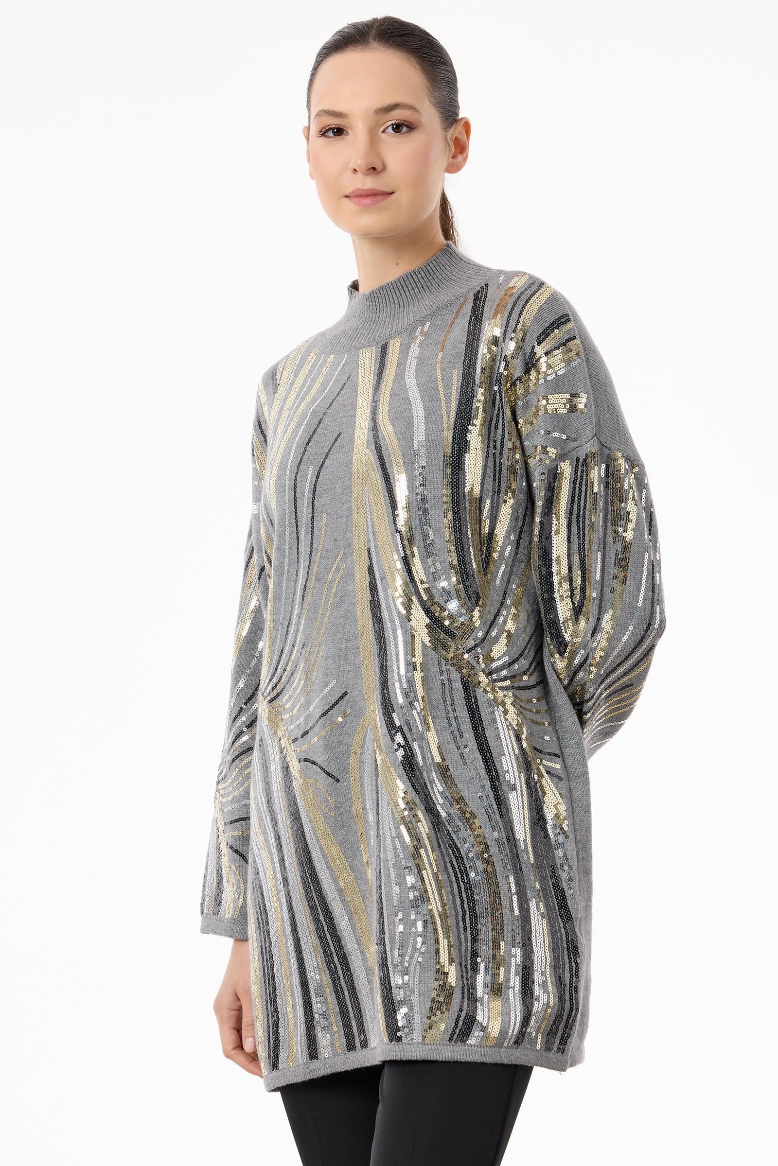 Desenli ve Payetli Triko Tunik GRİ