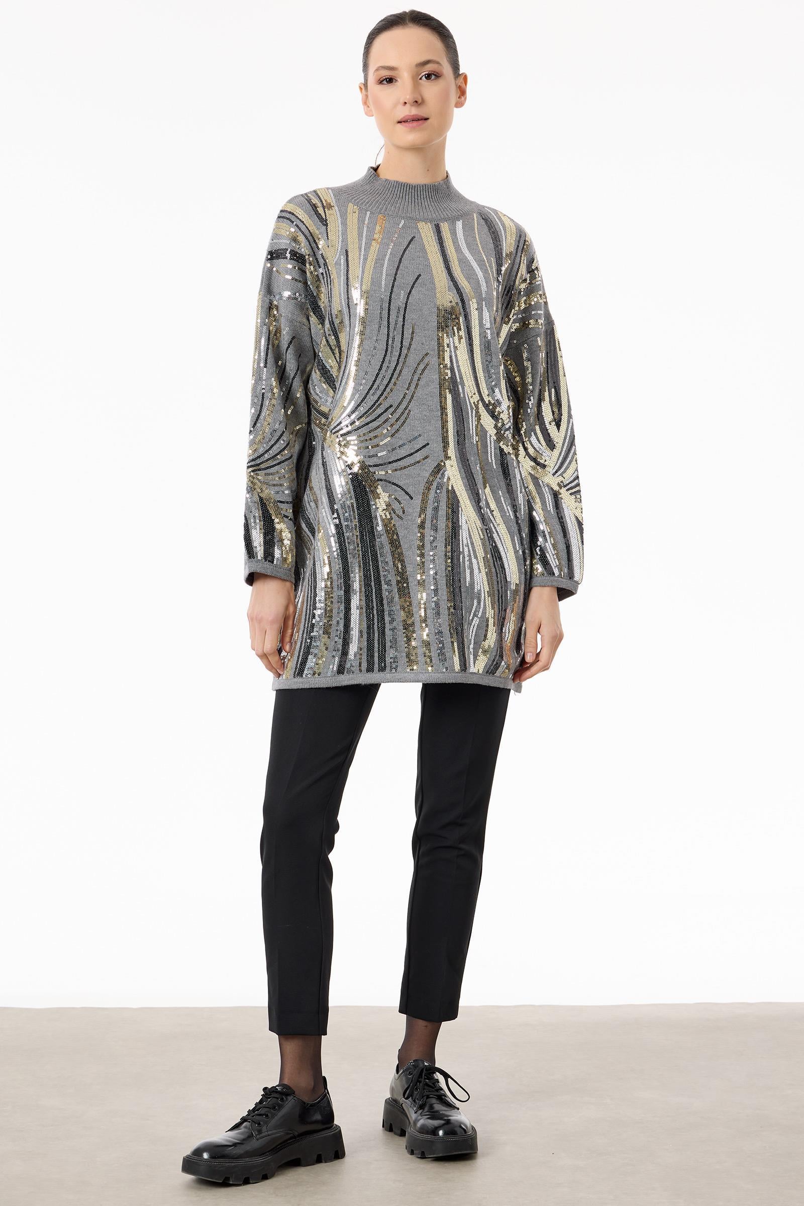Desenli ve Payetli Triko Tunik GRİ