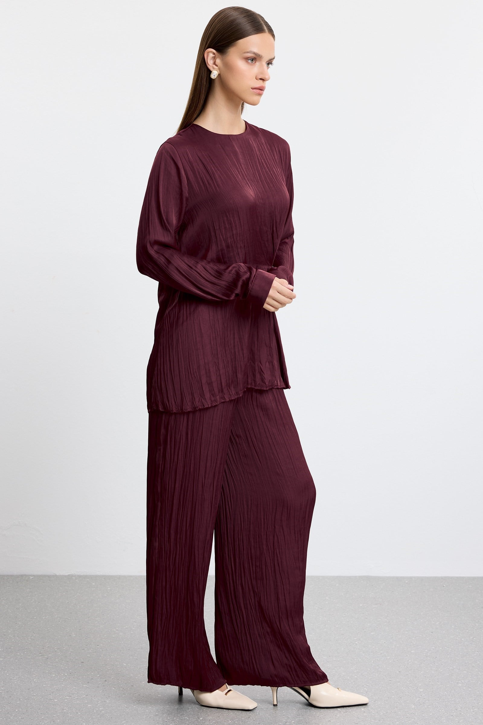 Drapeli Tunik Pantolonlu Takım BORDO