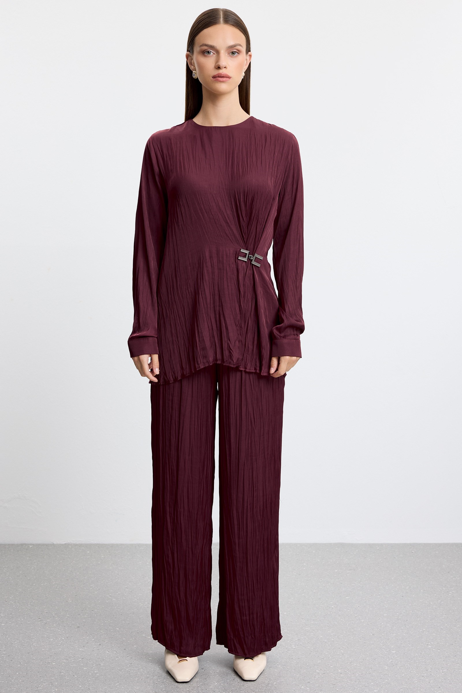 Drapeli Tunik Pantolonlu Takım BORDO