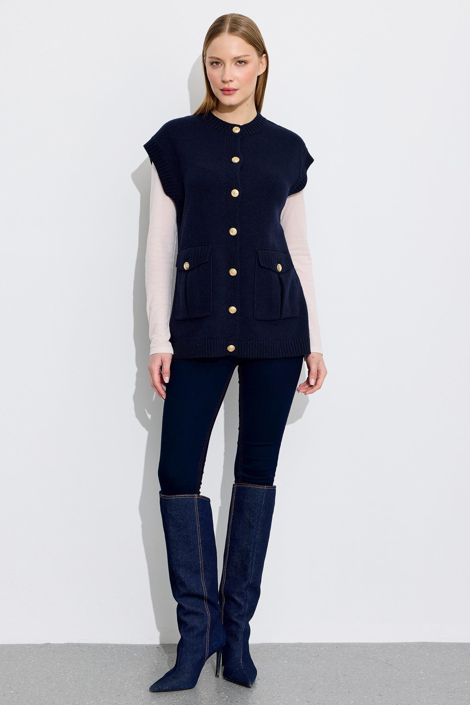 Düğme Ve Cep Detaylı Yün Süveter LACİVERT