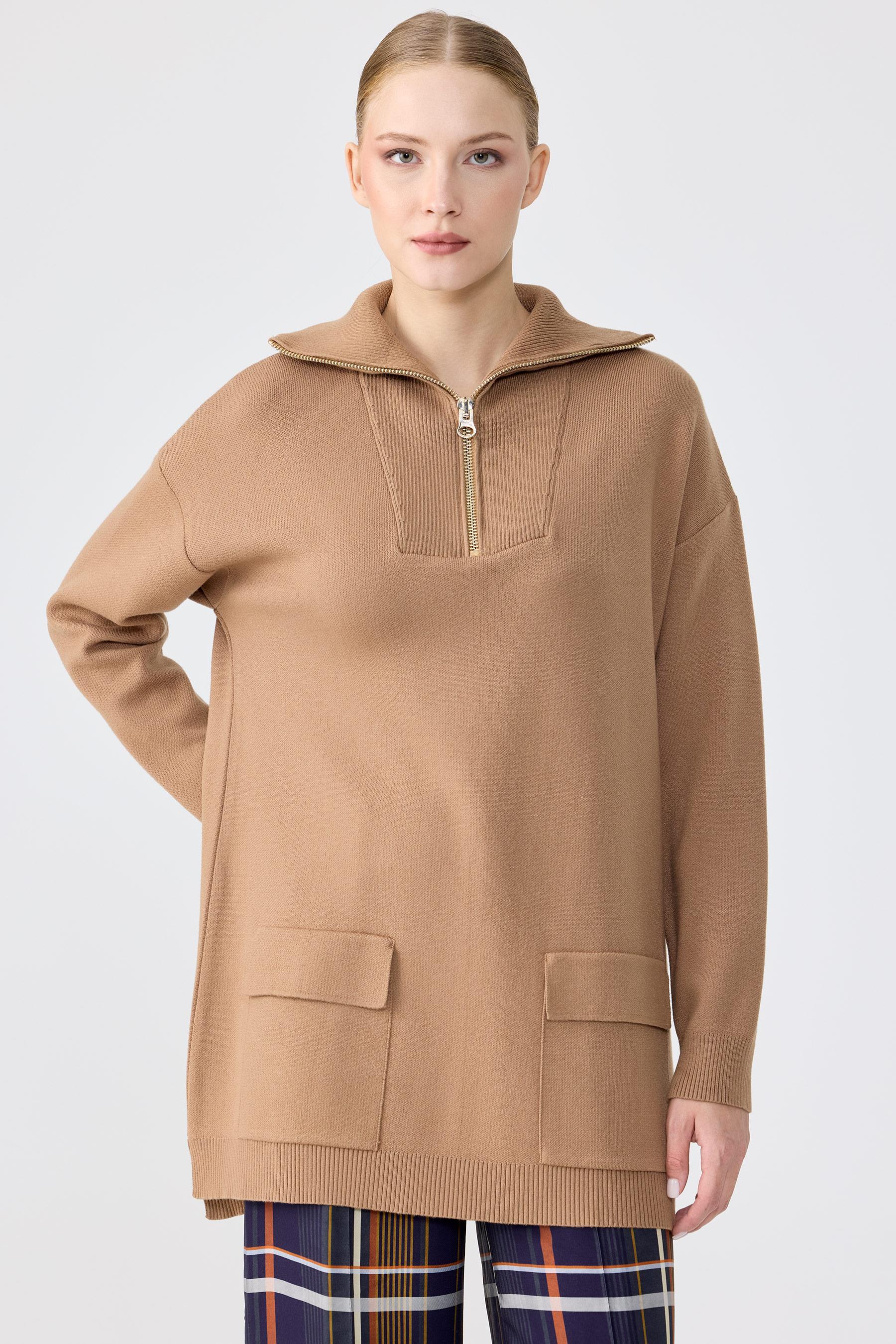 Fermuarlı Dik Yaka Triko Tunik CAMEL