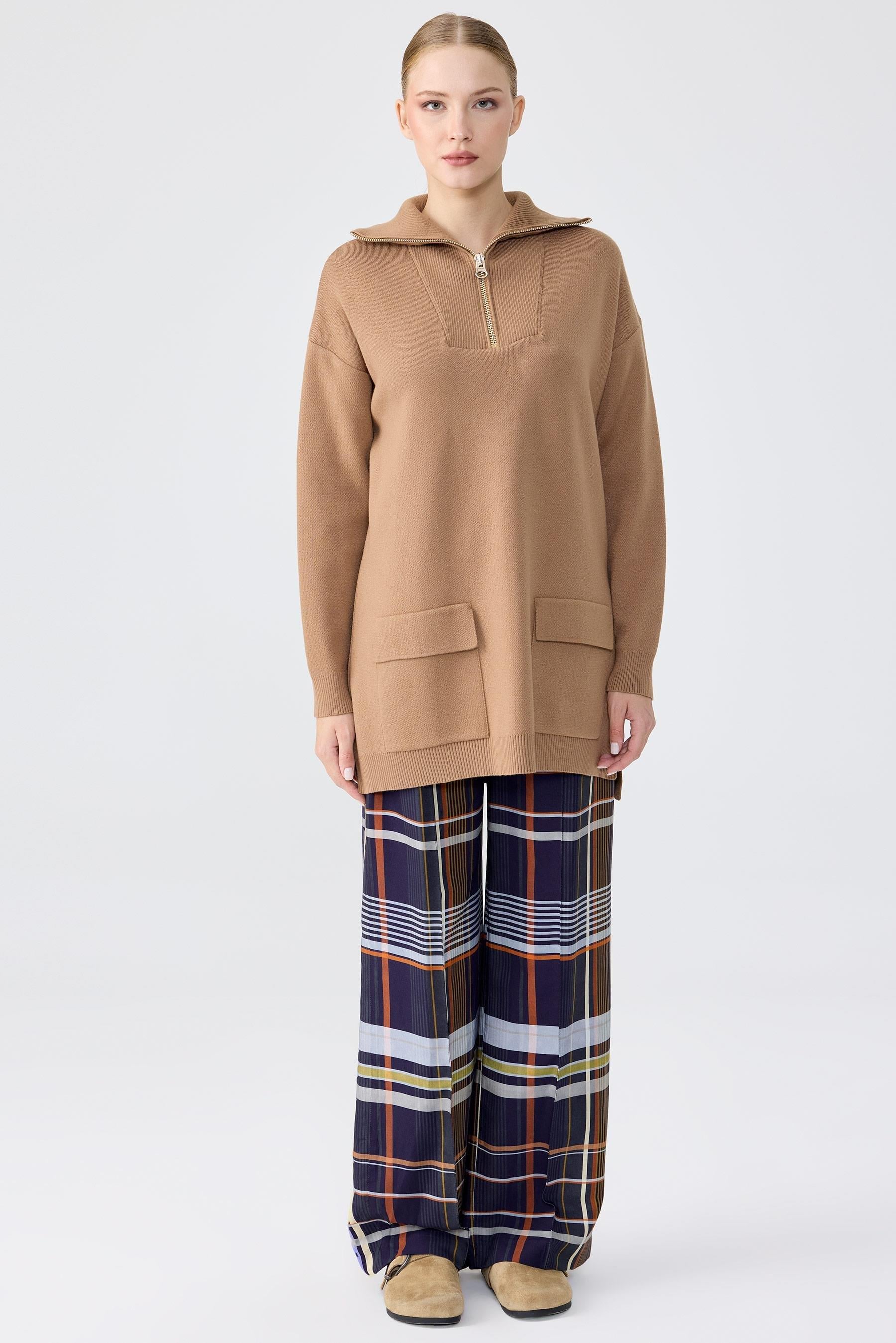 Fermuarlı Dik Yaka Triko Tunik CAMEL
