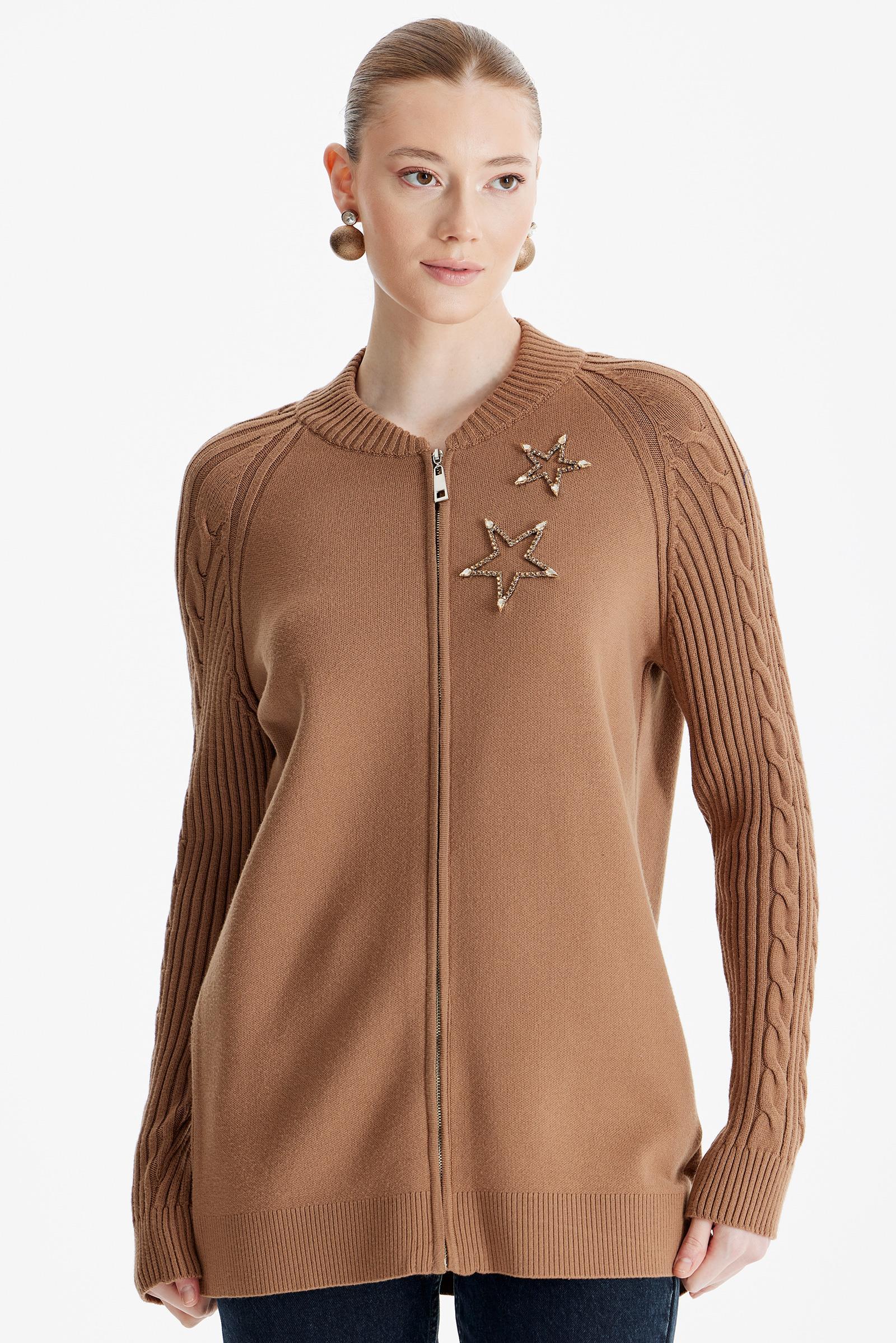 Fermuarlı Kolları Saç Örgülü Hırka CAMEL