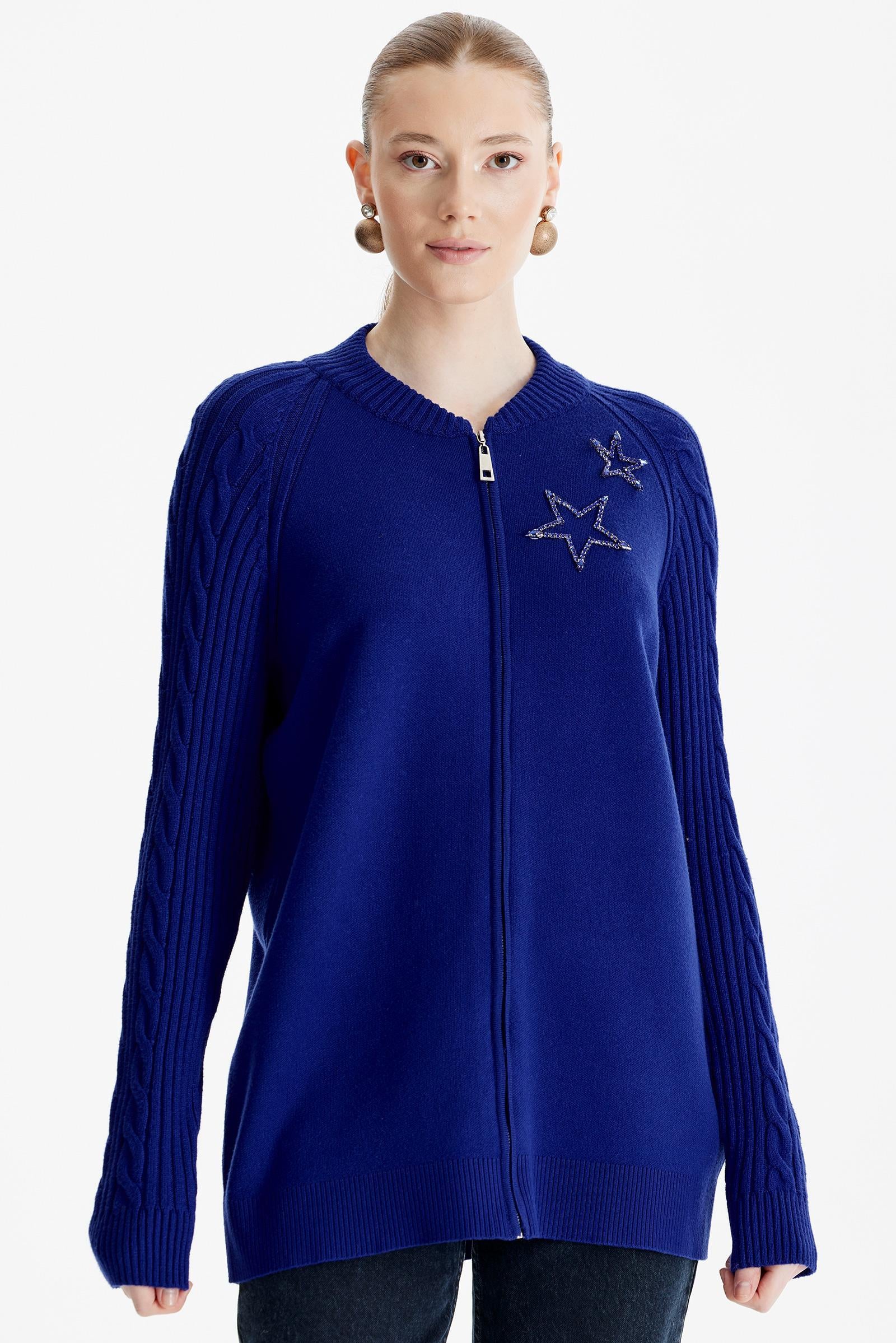 Fermuarlı Kolları Saç Örgülü Hırka SAKS