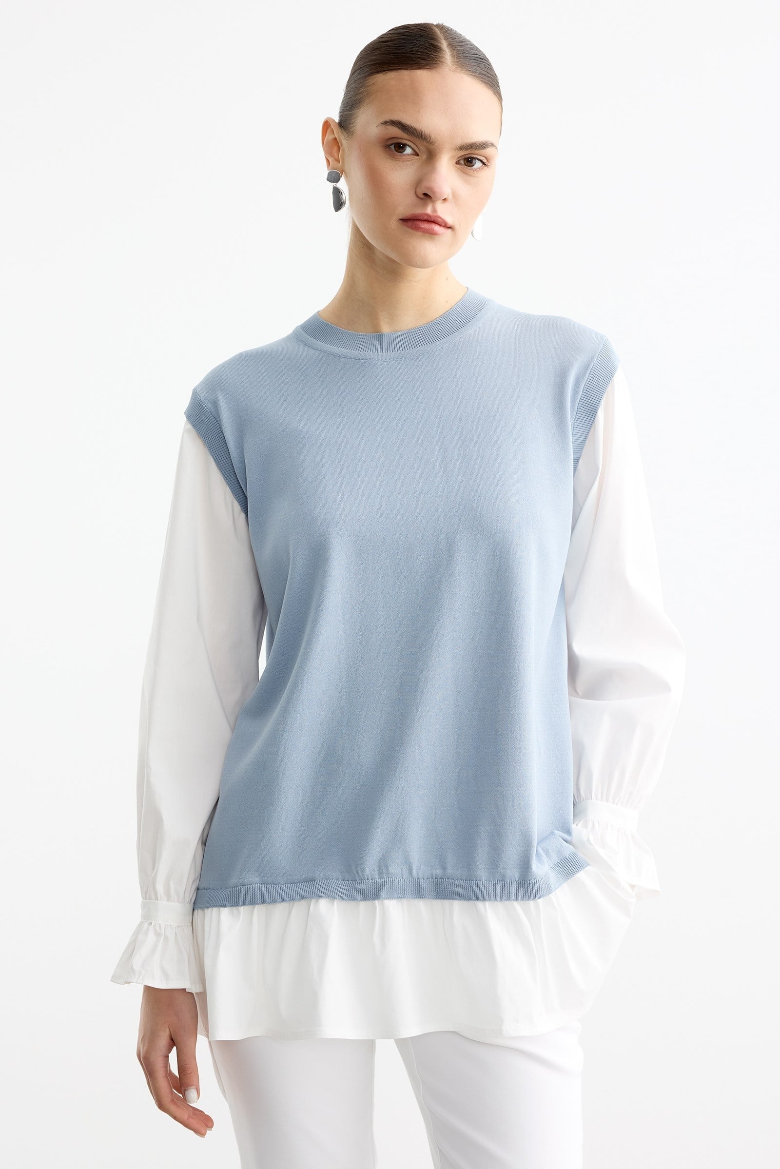 Gömlek Görünümlü Metal Broş Detaylı Rayon Tunik MAVİ