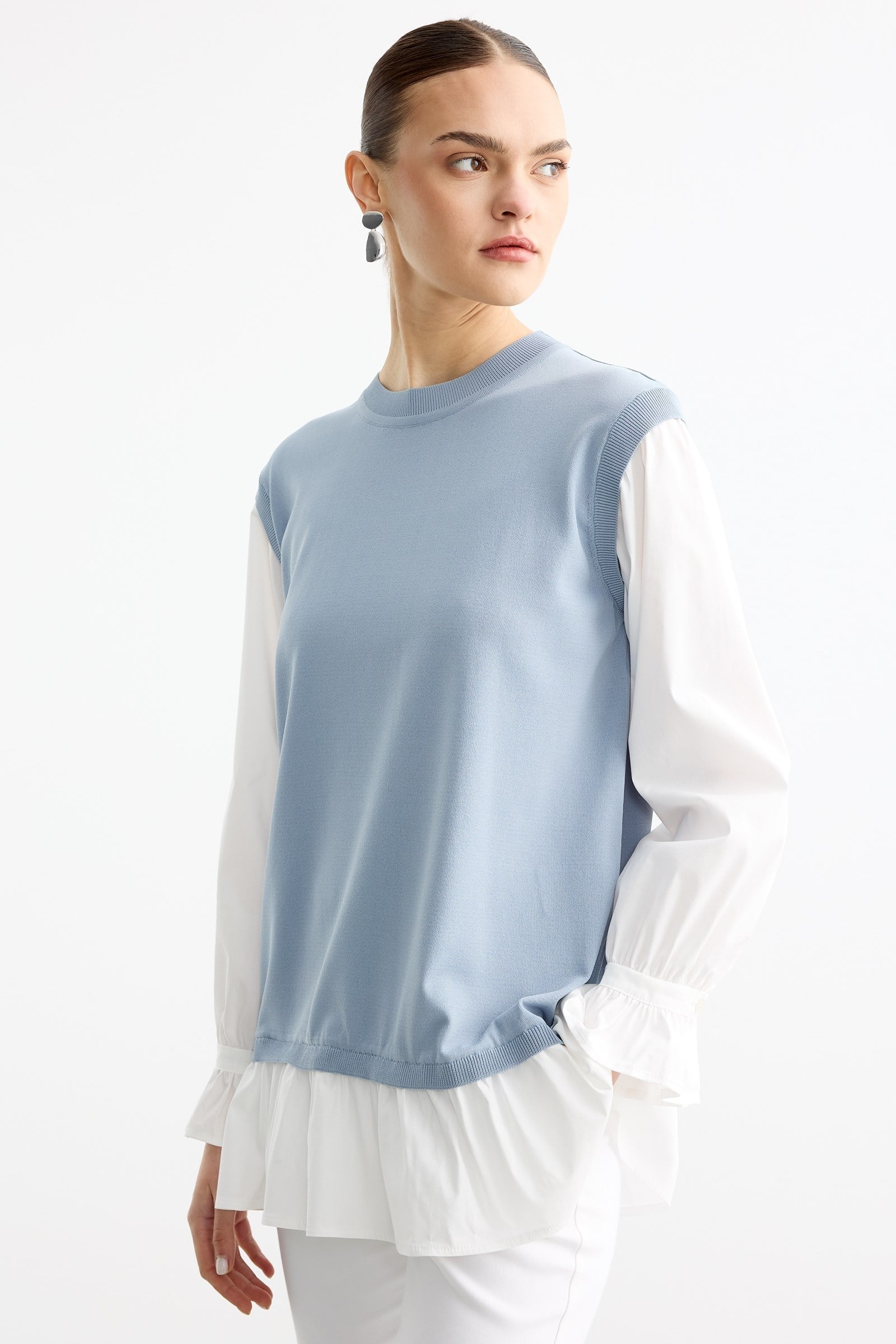 Gömlek Görünümlü Metal Broş Detaylı Rayon Tunik MAVİ