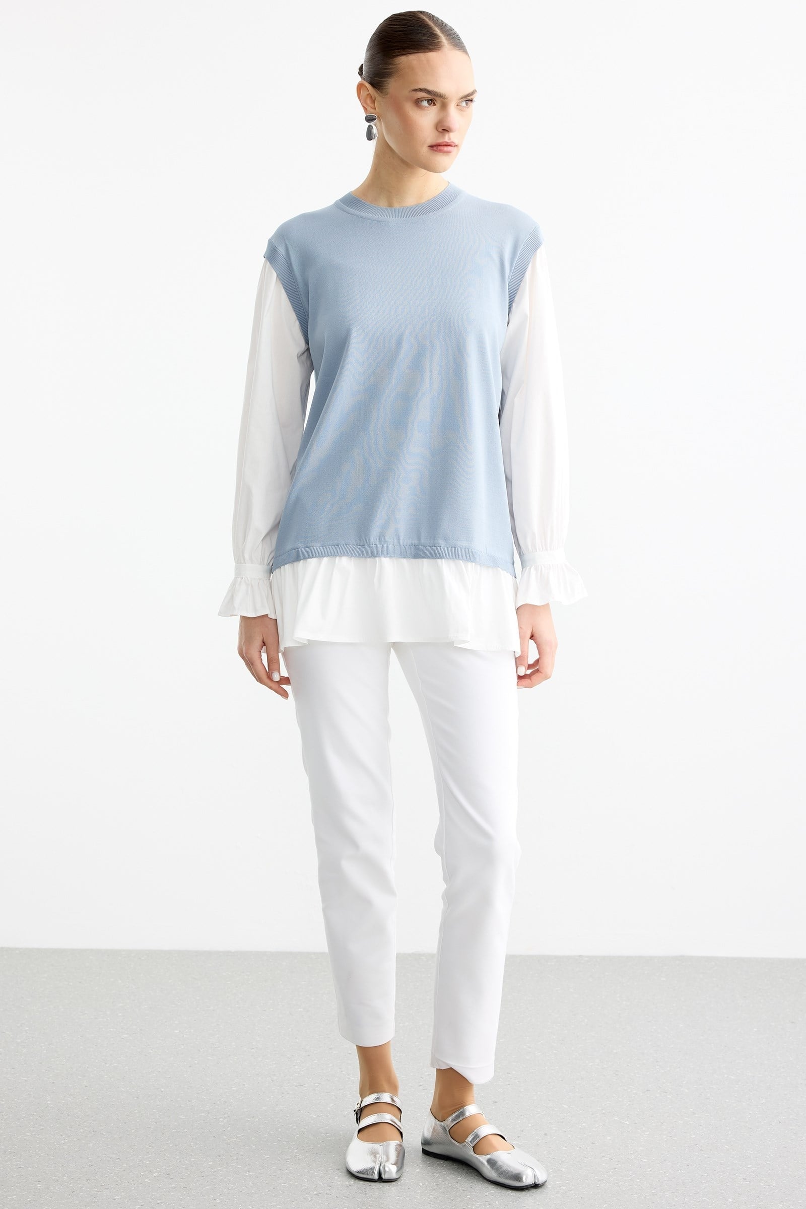 Gömlek Görünümlü Metal Broş Detaylı Rayon Tunik MAVİ