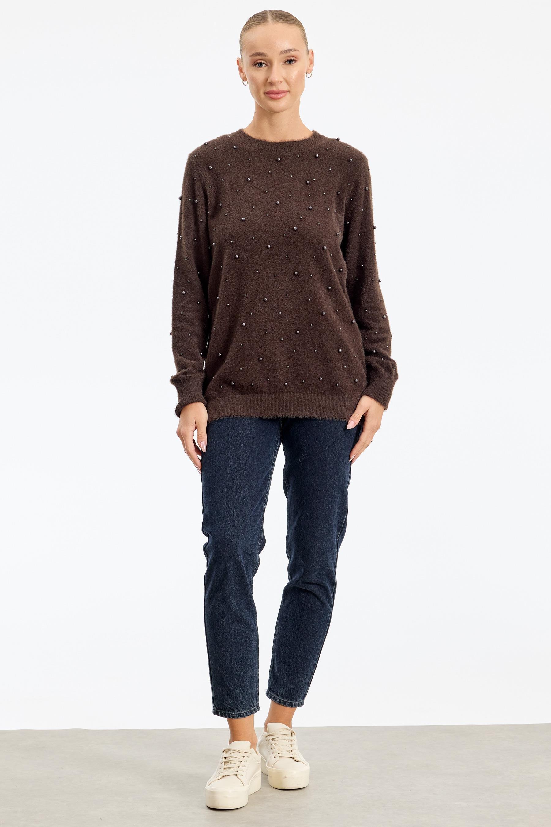 İnci Detaylı Triko Tunik KAHVE