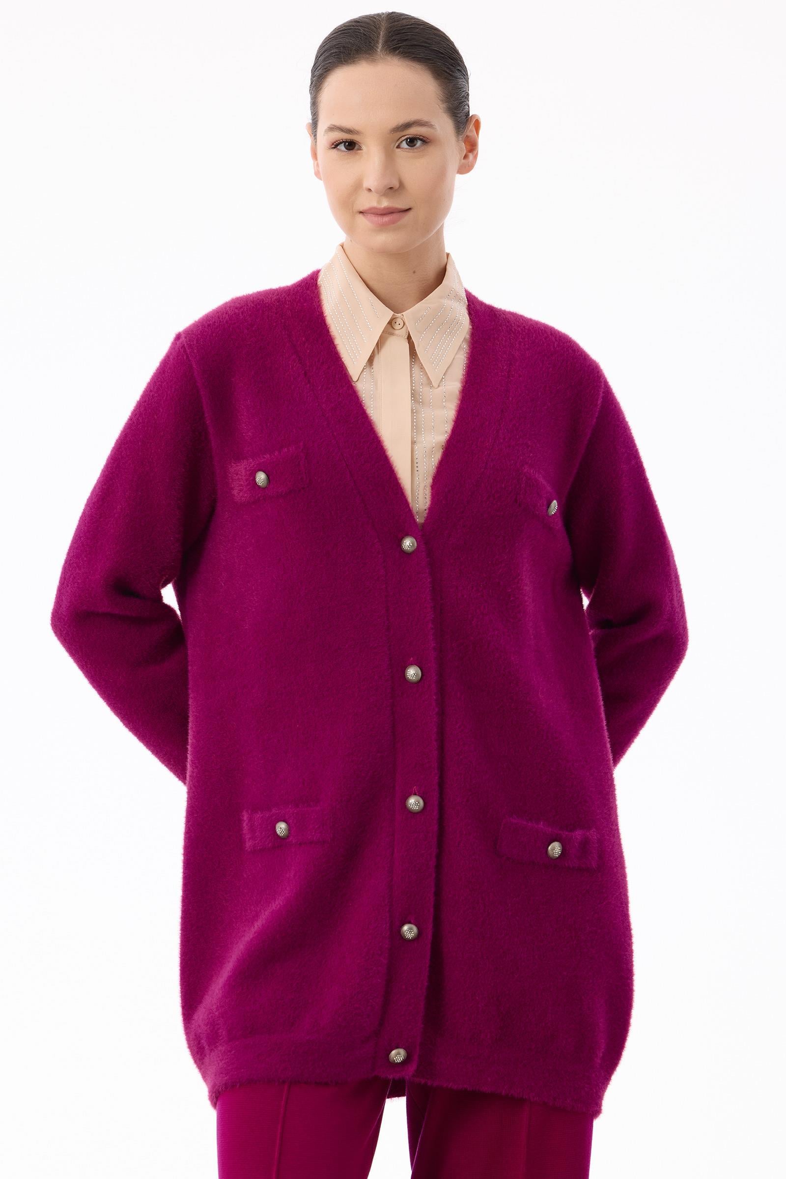 İnci Düğmeli Triko Hırka FUŞYA