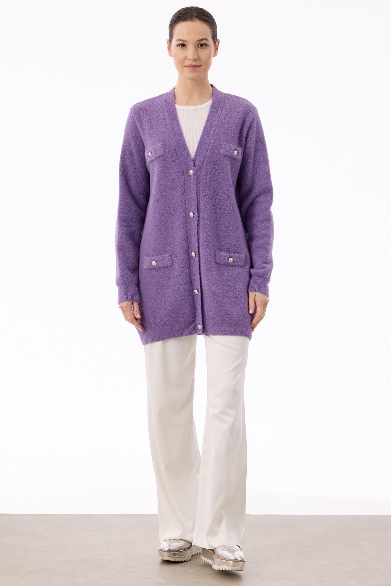 İnci Düğmeli Triko Hırka LİLA