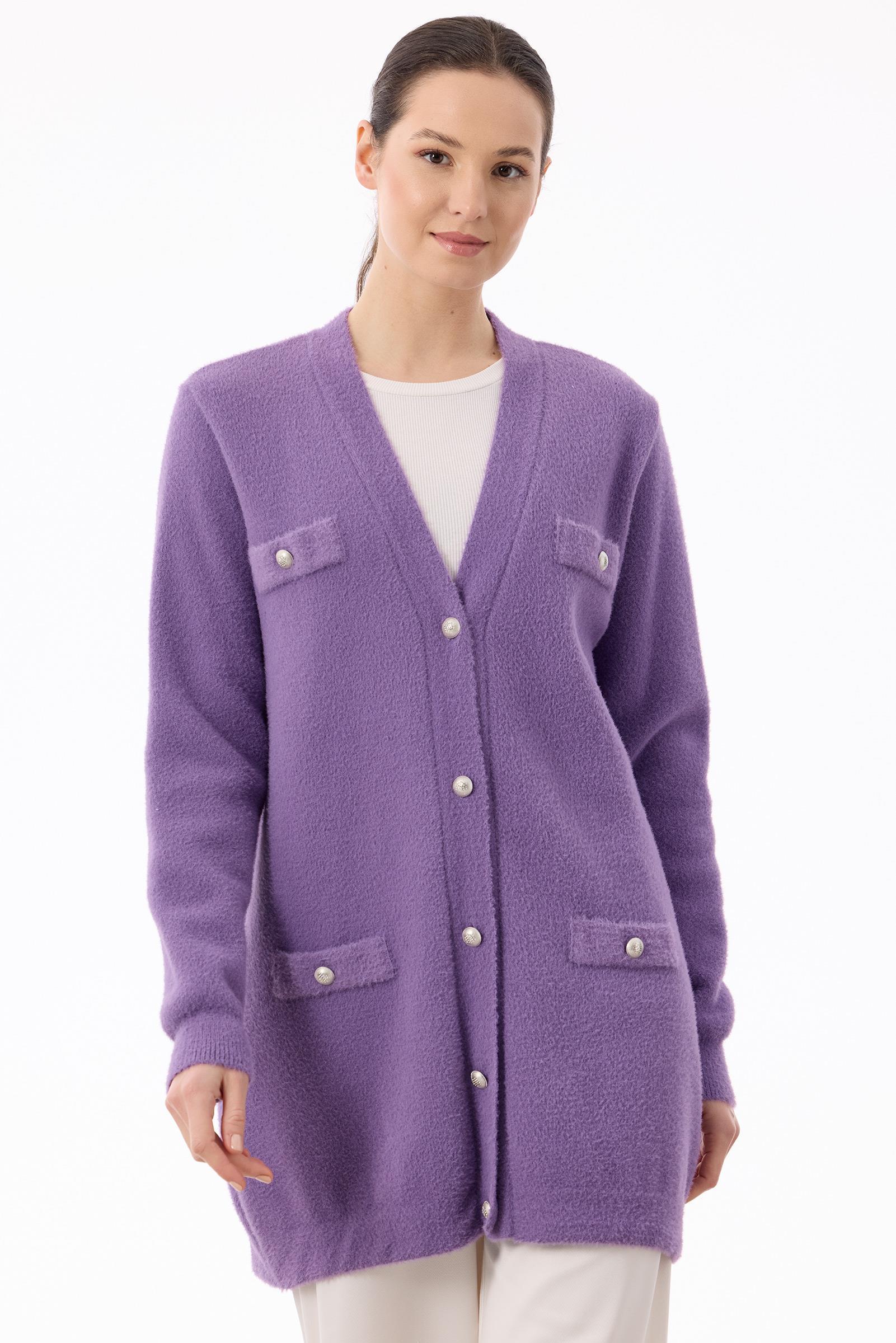 İnci Düğmeli Triko Hırka LİLA