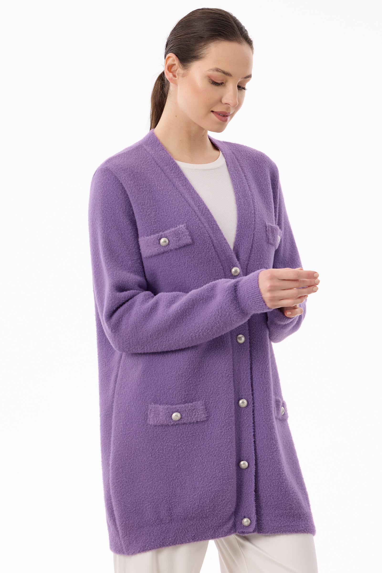 İnci Düğmeli Triko Hırka LİLA