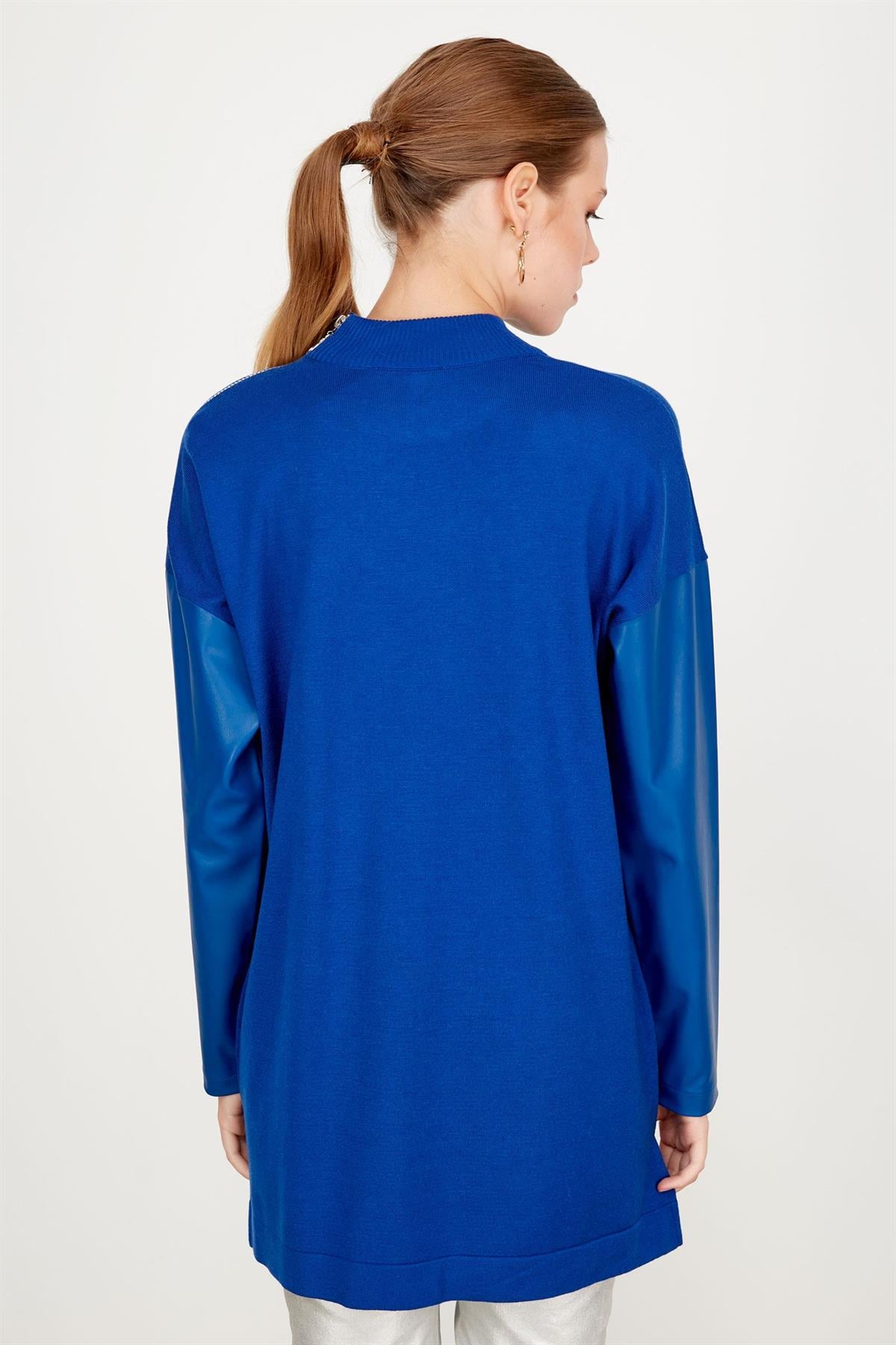 KOLLARI DERİ DETAYLI TUNİK SAKS