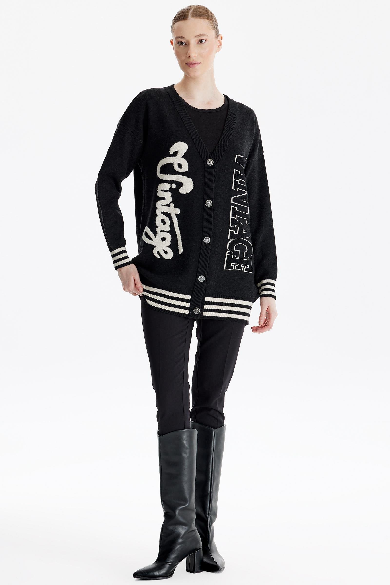 Kabartma Yazılı Triko  Hırka SİYAH-BEJ