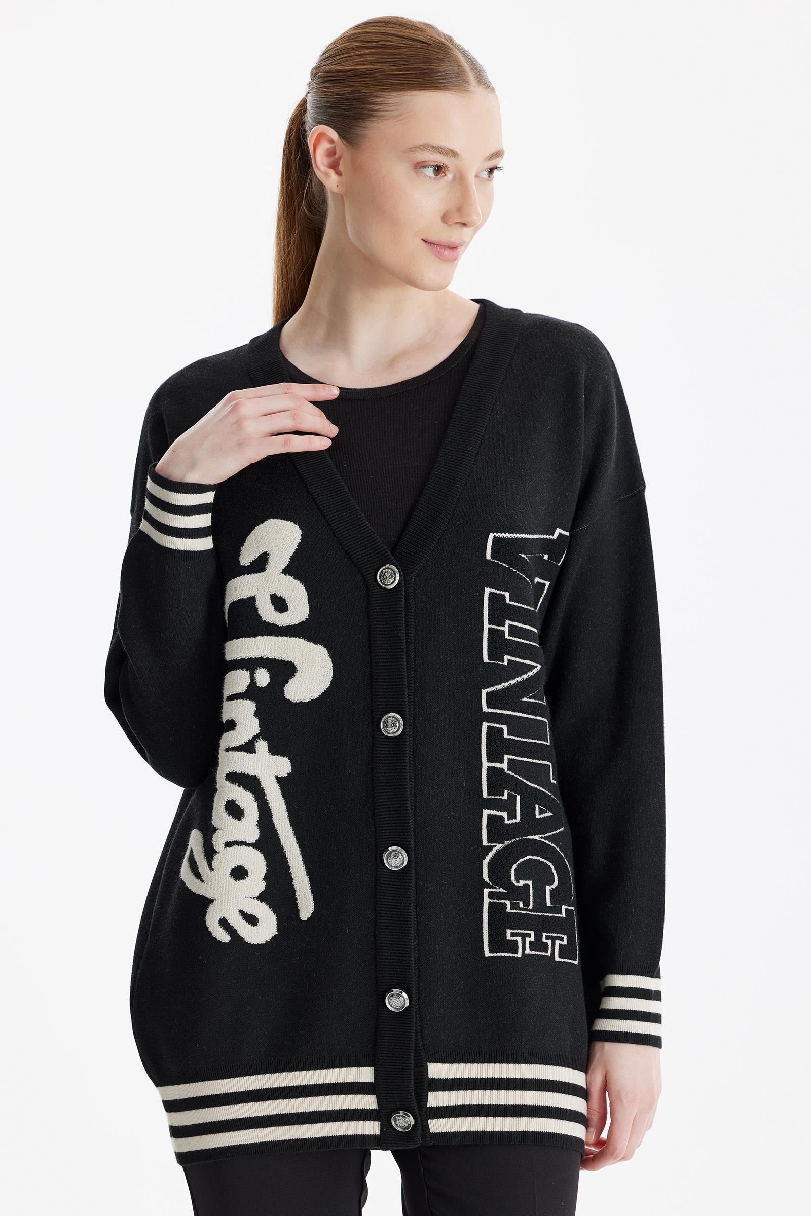 Kabartma Yazılı Triko  Hırka SİYAH-BEJ