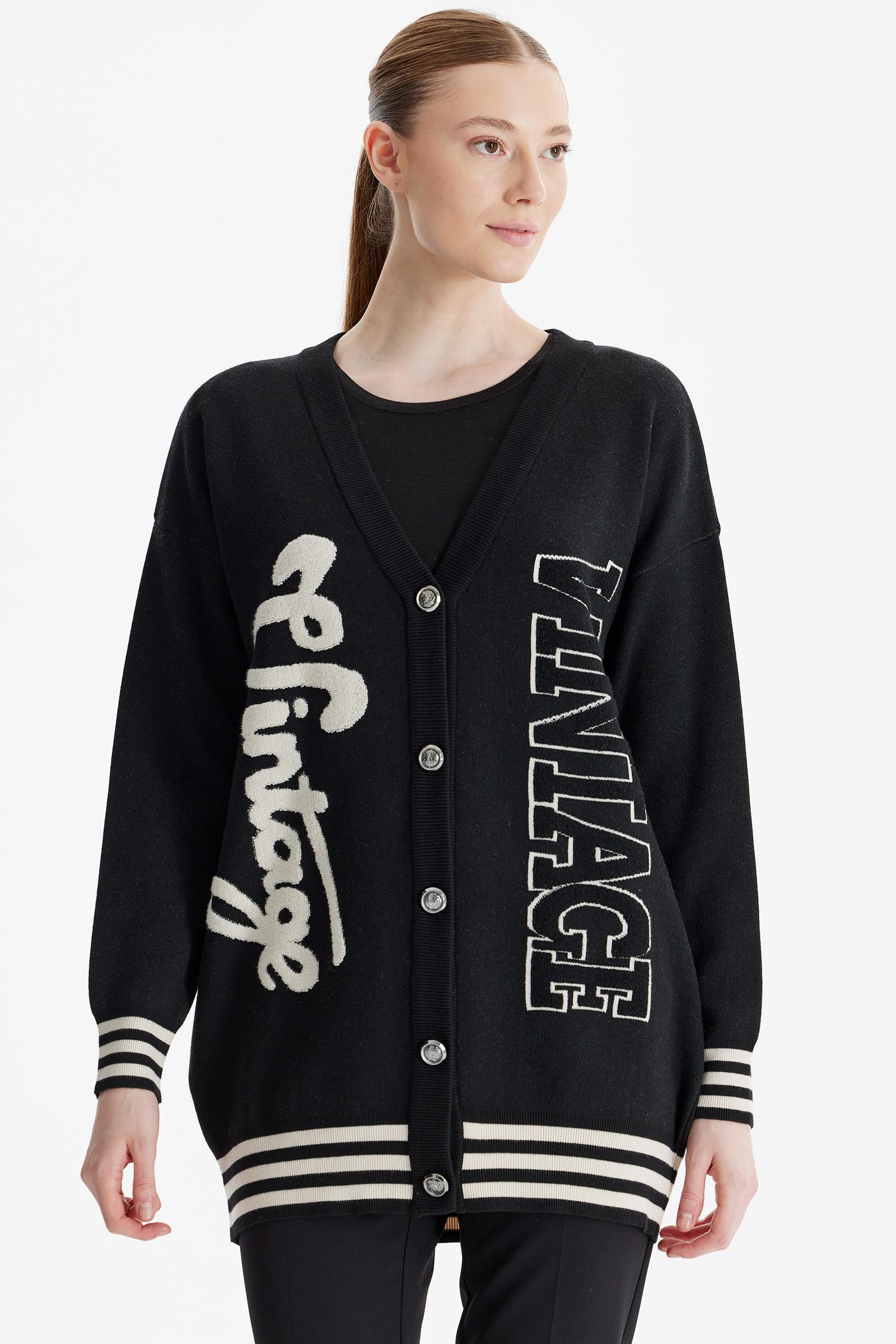 Kabartma Yazılı Triko  Hırka SİYAH-BEJ