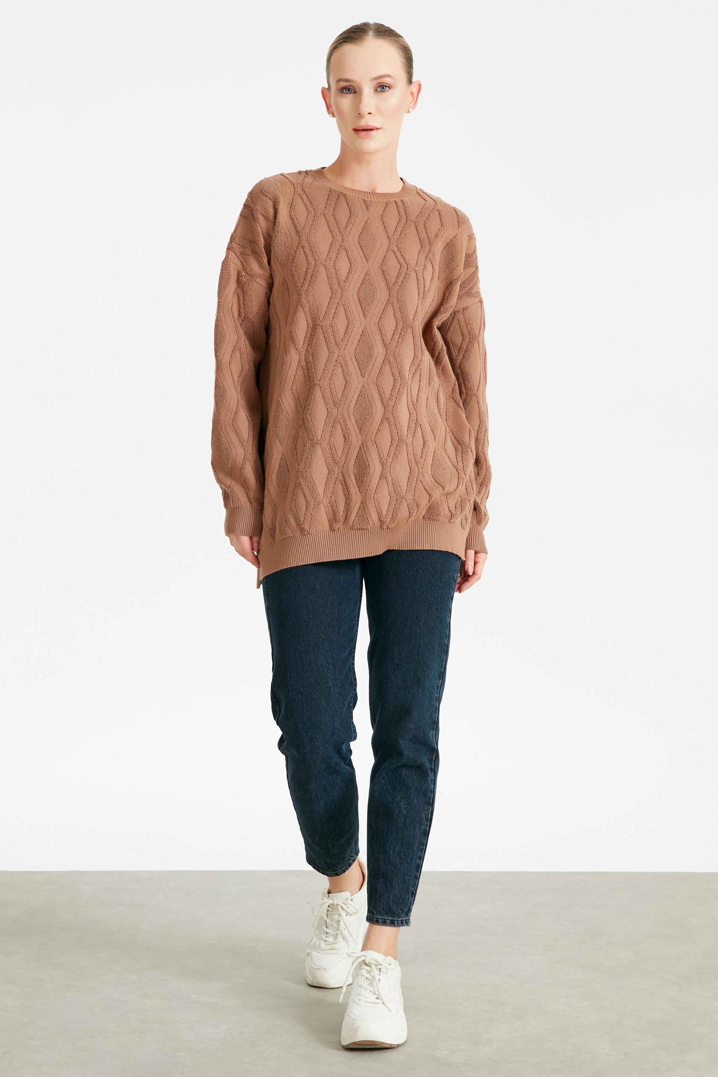 Kapartma Desenli Triko Tunik CAMEL