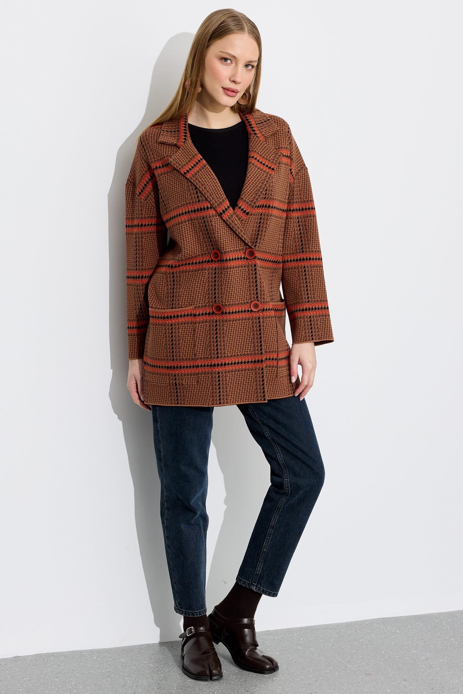 Kazayağı Desenli Blazer Hırka CAMEL