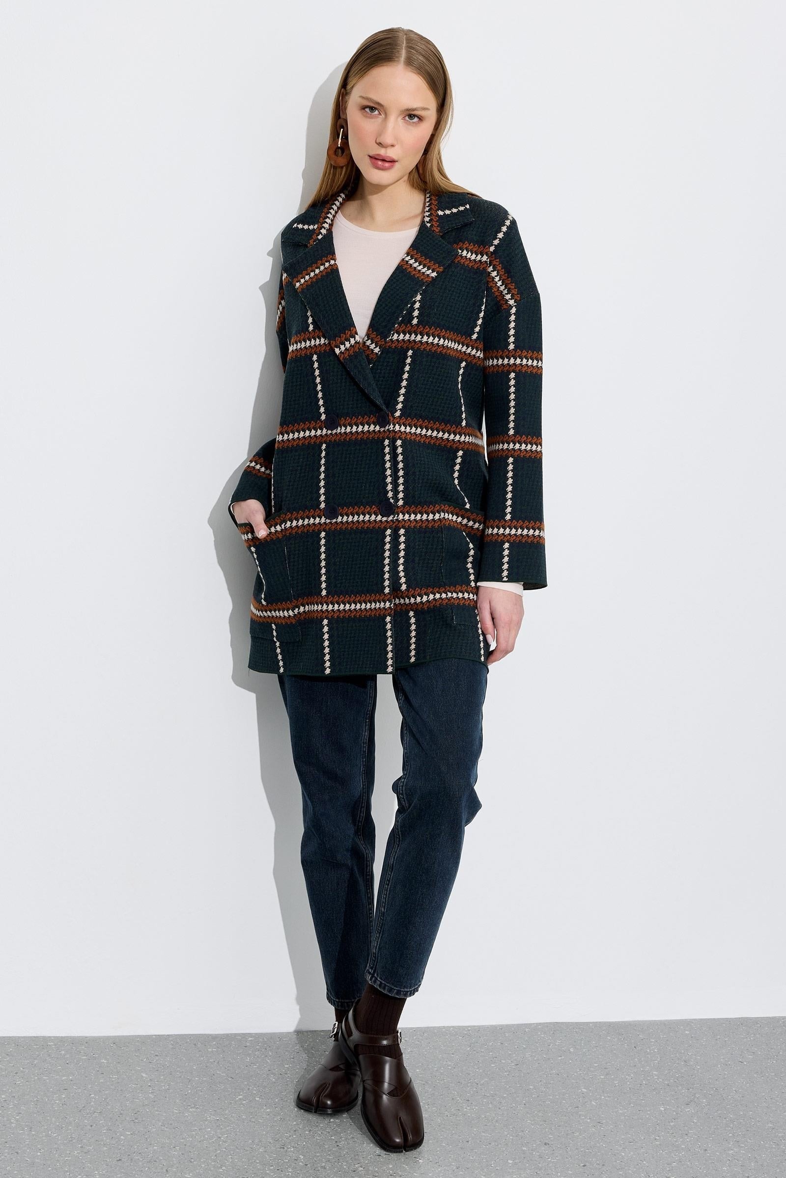Kazayağı Desenli Blazer Hırka YEŞİL