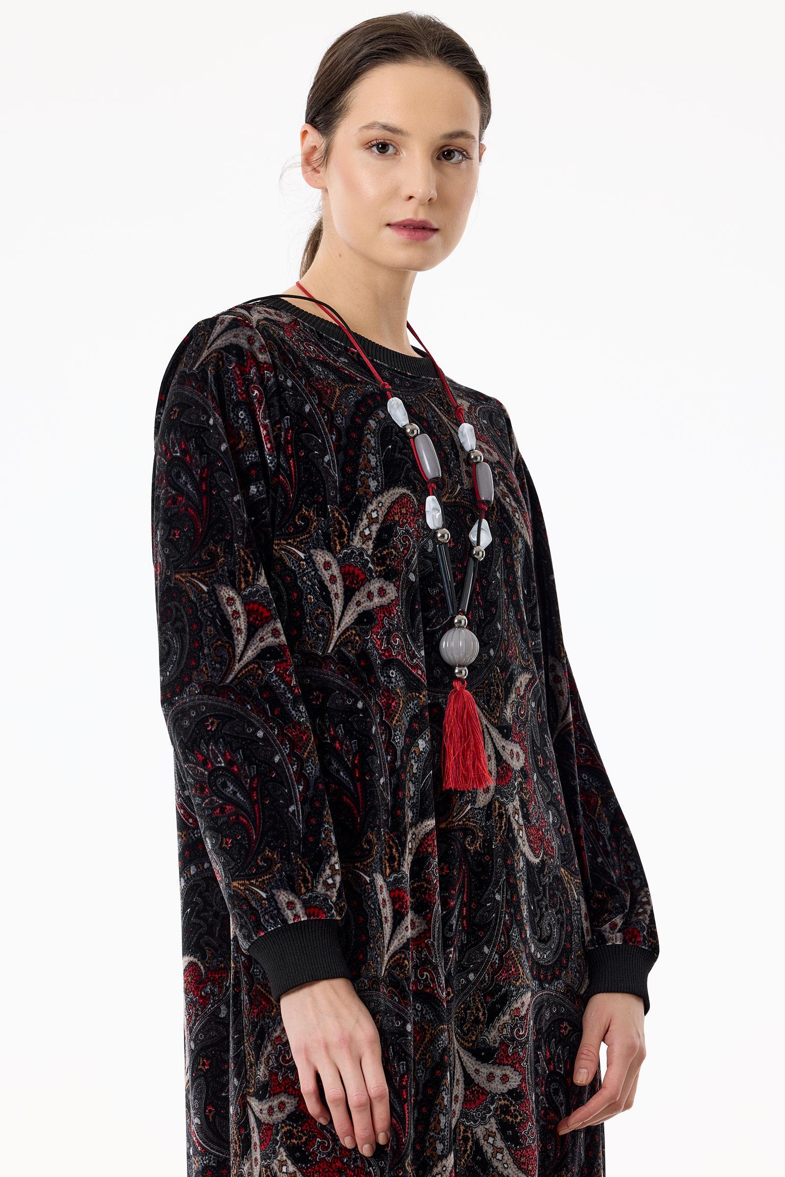 Kolyeli Şal Desen Kadife Elbise SİYAH