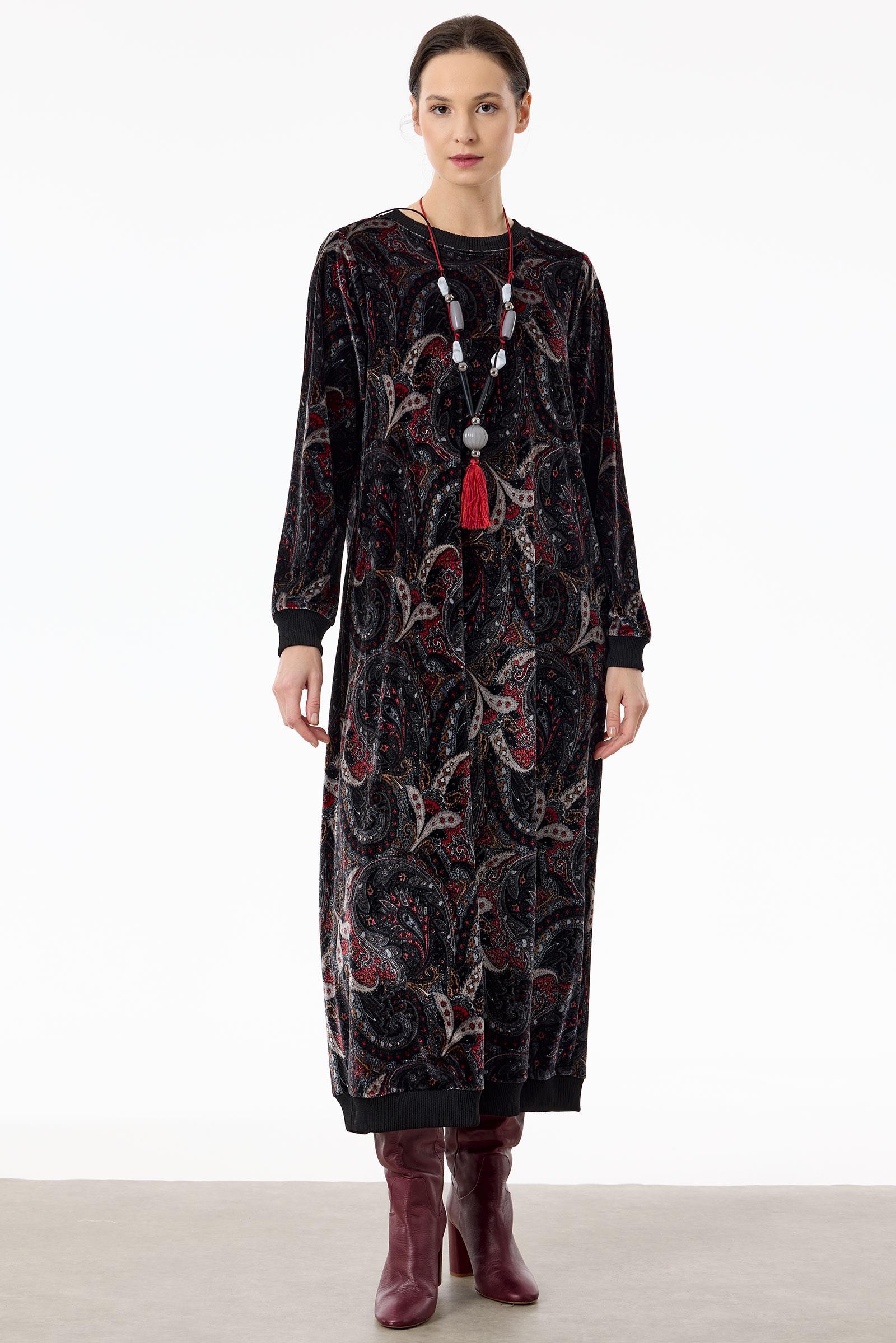 Kolyeli Şal Desen Kadife Elbise SİYAH