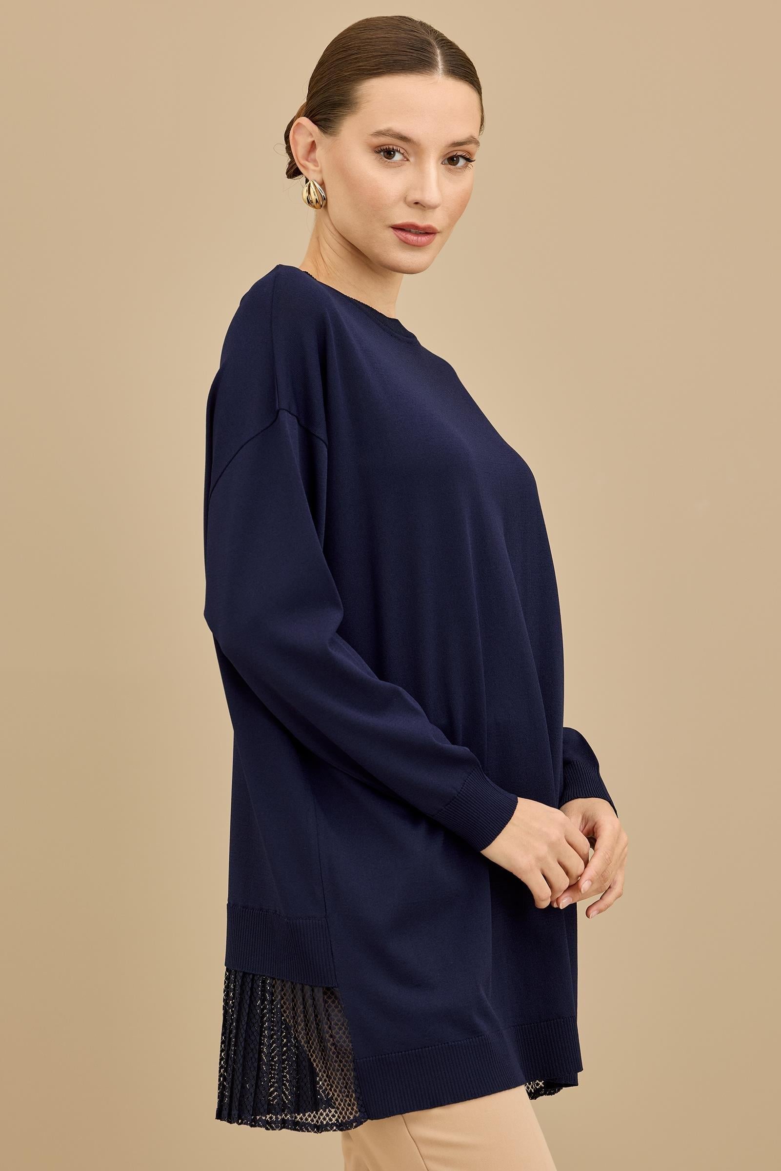 Kumaş Garnili Triko Tunik LACİVERT