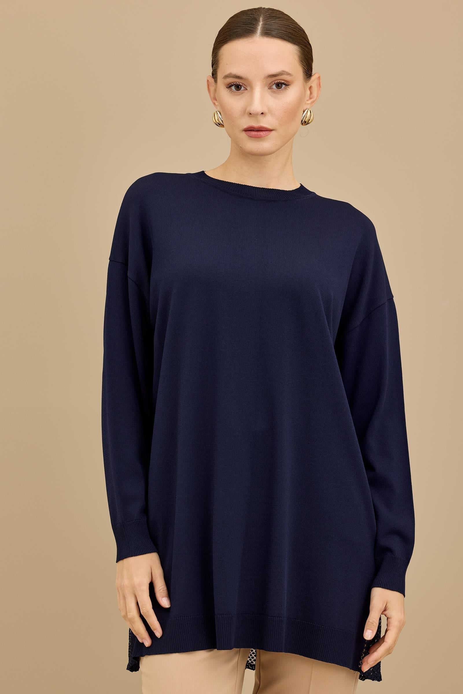 Kumaş Garnili Triko Tunik LACİVERT