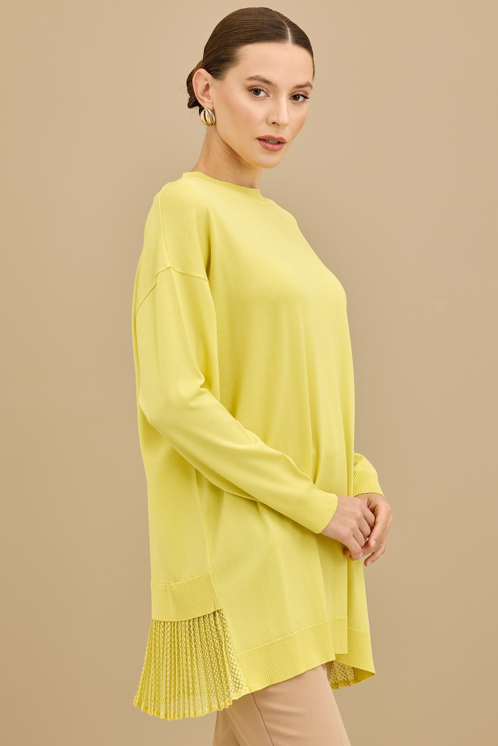 Kumaş Garnili Triko Tunik LİMON