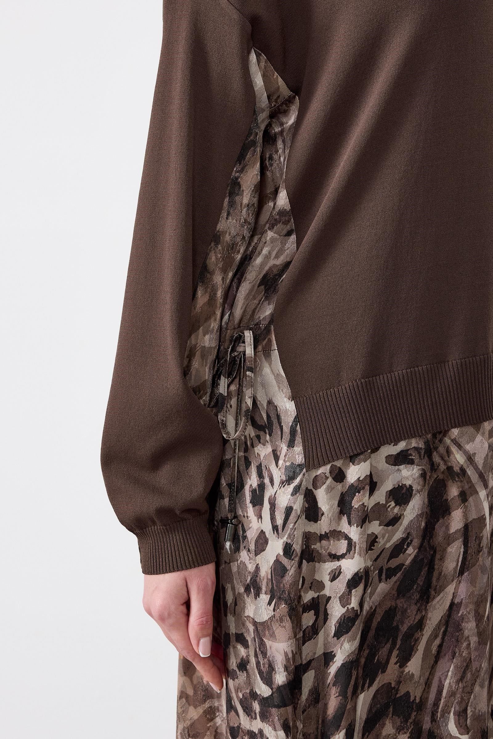 Leopar Desenli Mix Elbise KAHVE
