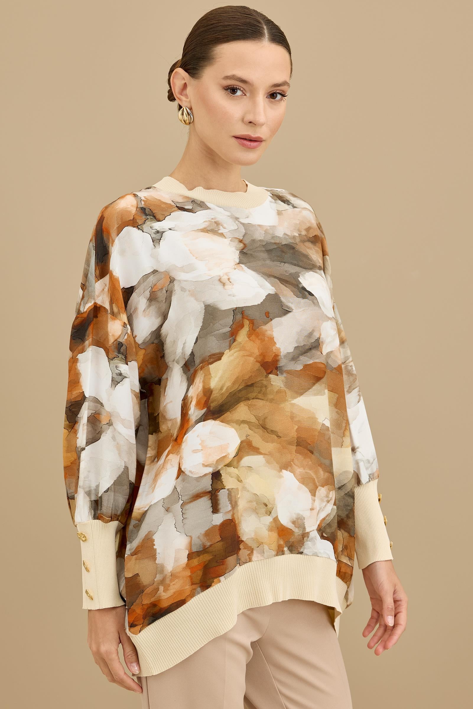 Manşetleri Düğmeli Triko Ribanalı Tunik ORANJ