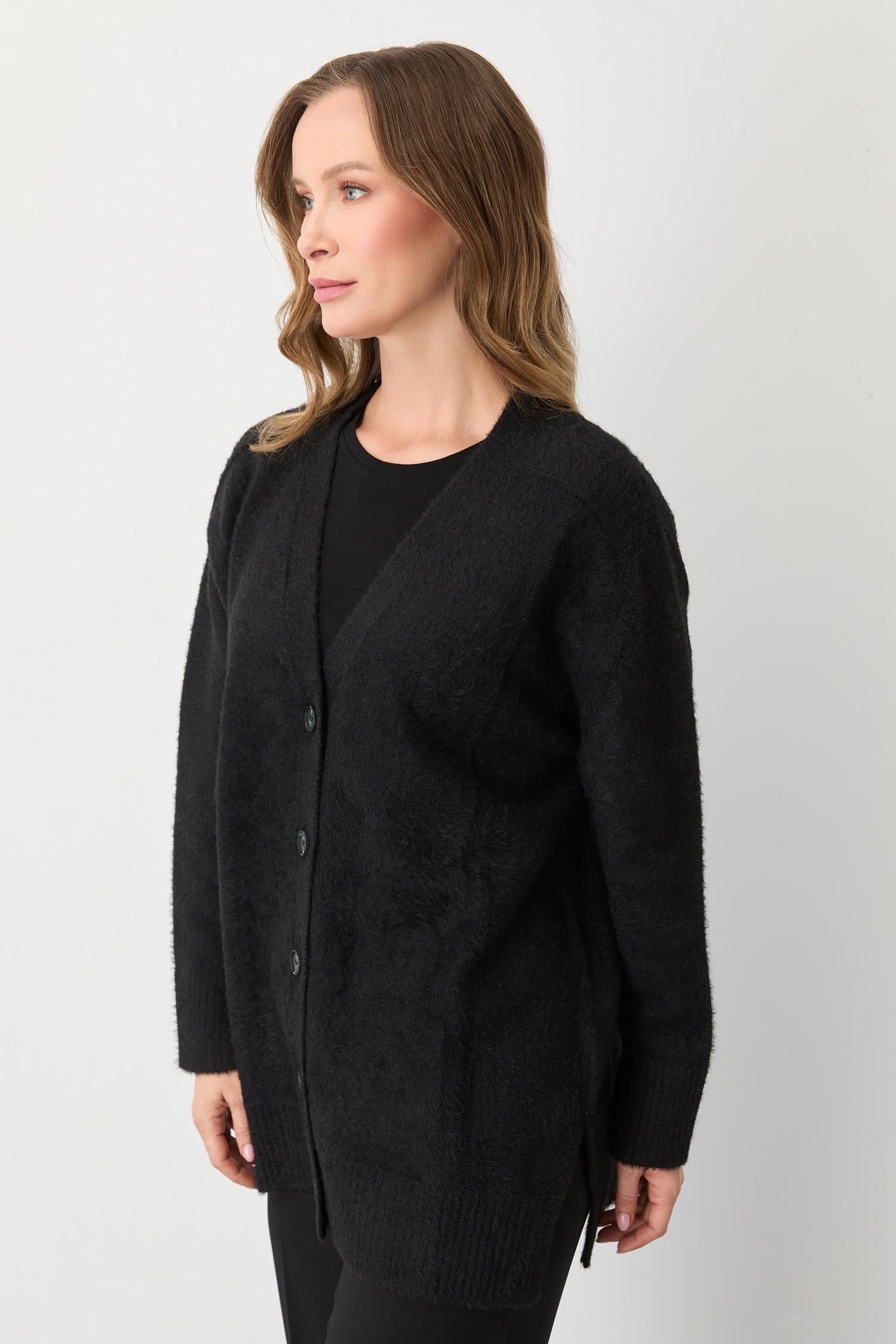 Mutlu Ertan Kadın Angored Yırtmaç Detaylı Triko Hırka Siyah 20223