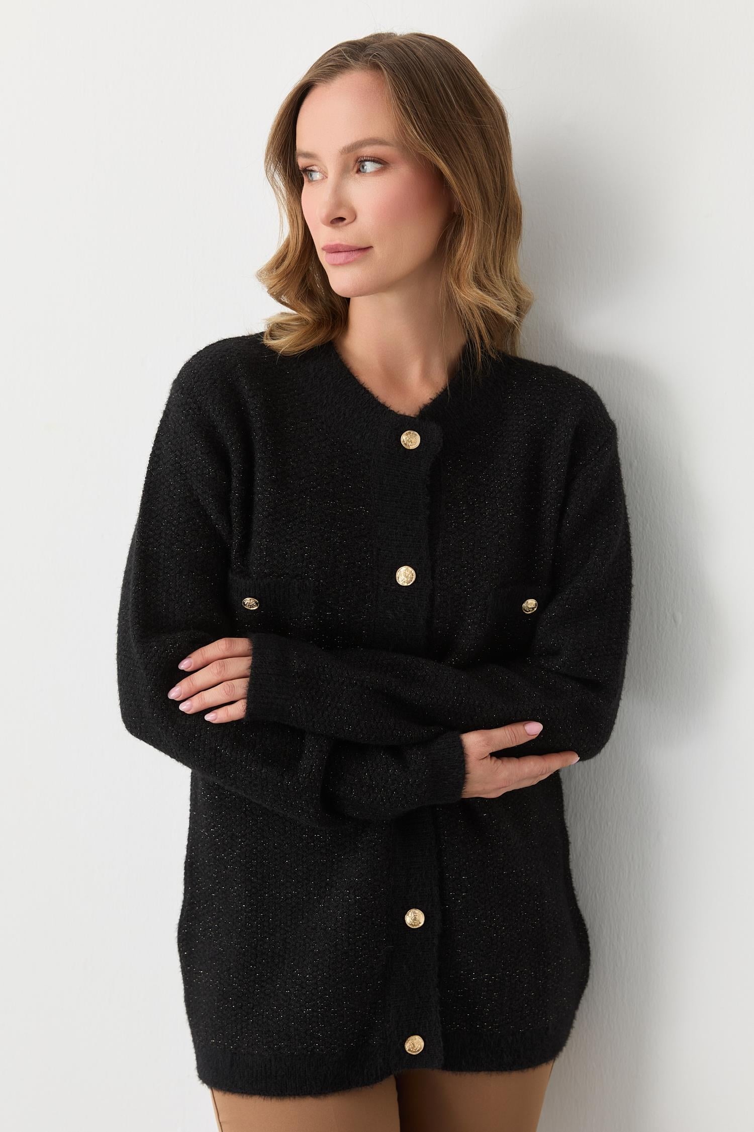 Mutlu Ertan Kadın Cepli Simli Düğmeli Hırka Siyah 20258