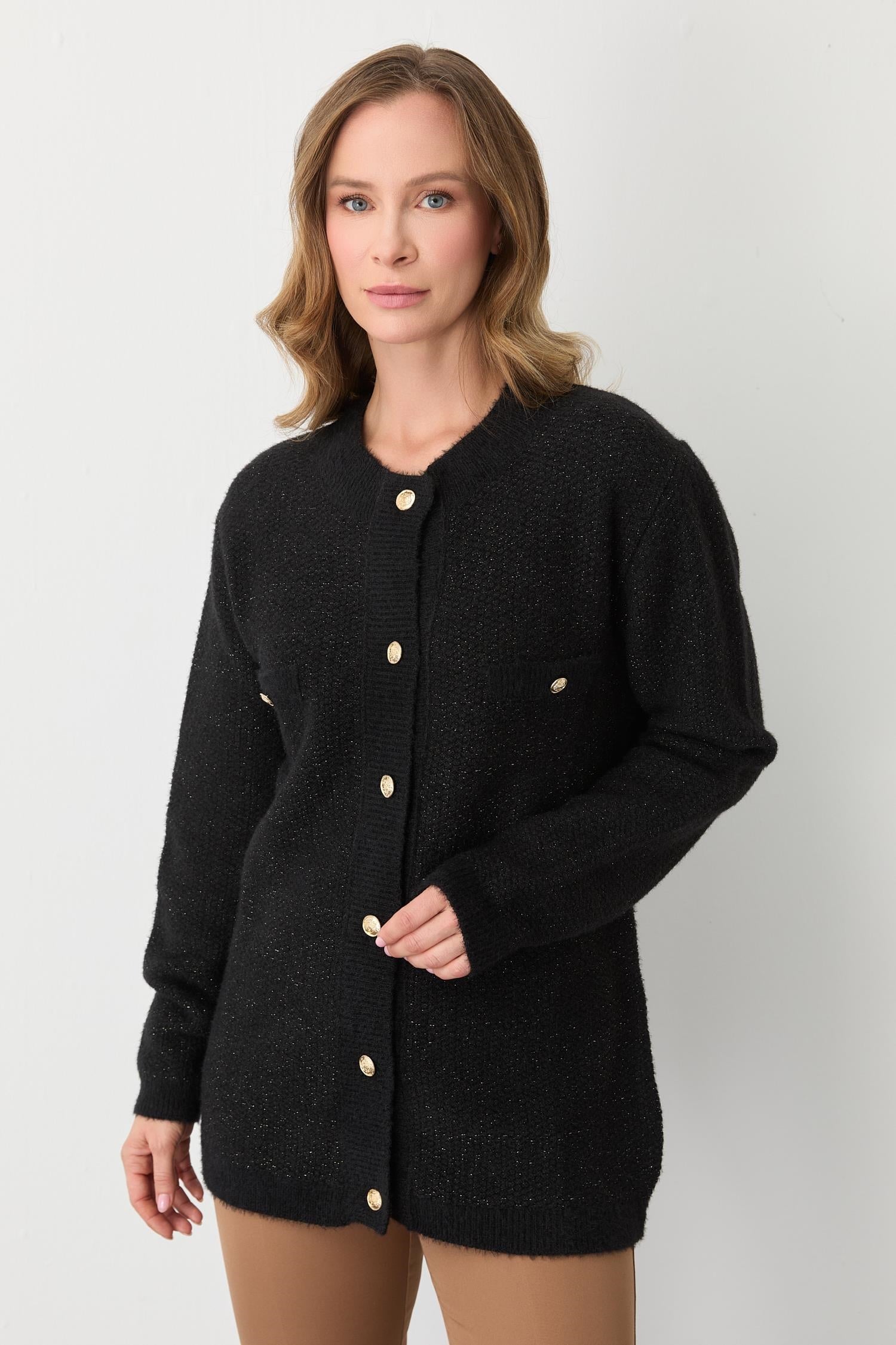 Mutlu Ertan Kadın Cepli Simli Düğmeli Hırka Siyah 20258