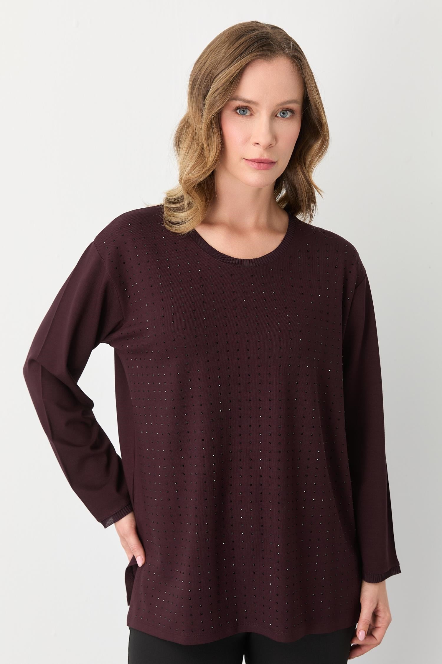 Mutlu Ertan Kadın Kare Taşlı Bluz Bordo 30431