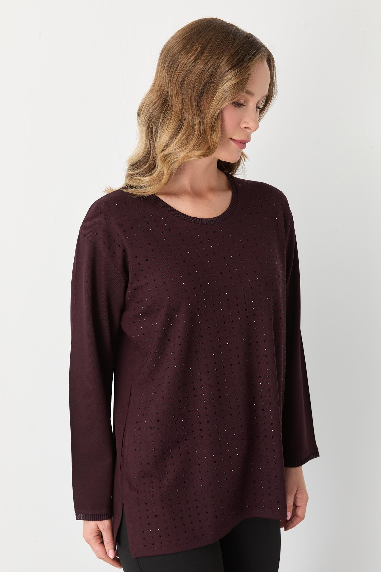 Mutlu Ertan Kadın Kare Taşlı Bluz Bordo 30431