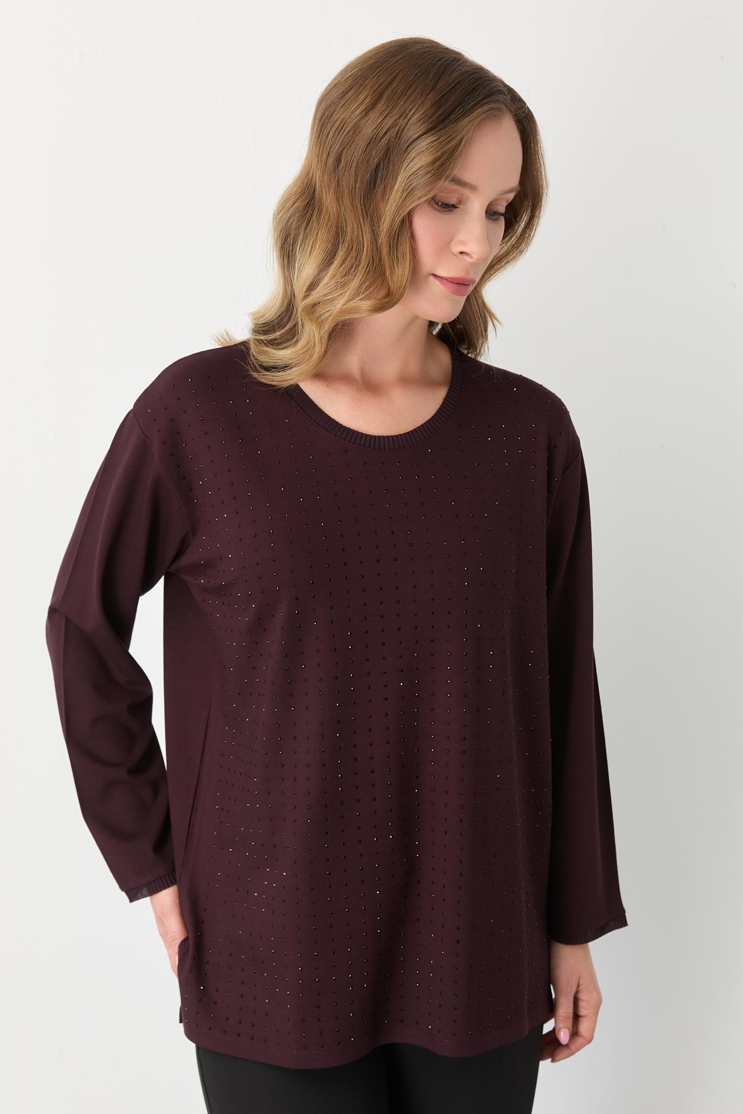 Mutlu Ertan Kadın Kare Taşlı Bluz Bordo 30431