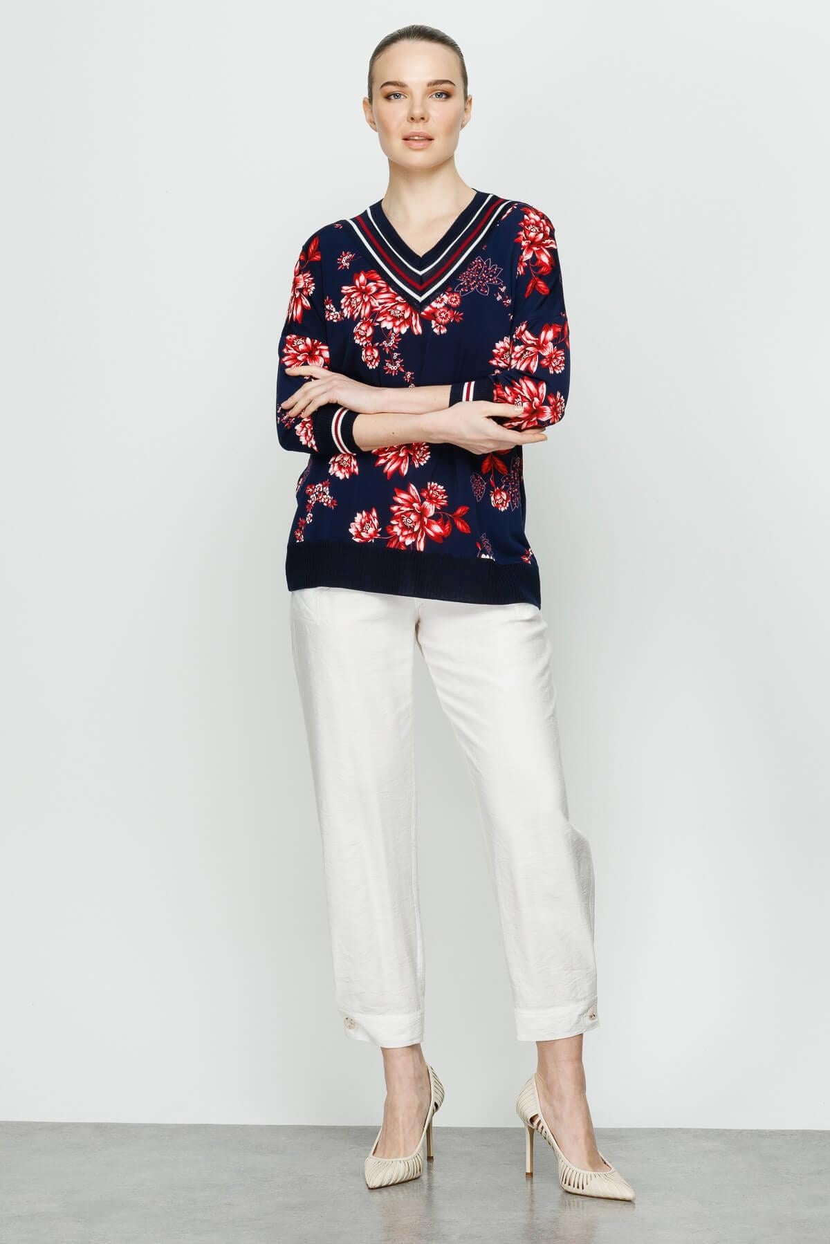 Mutlu Ertan Kadın Önü Desenli Arkası Triko Kombinli Truvakar Kol Bluz Lacivert - Pembe 20018