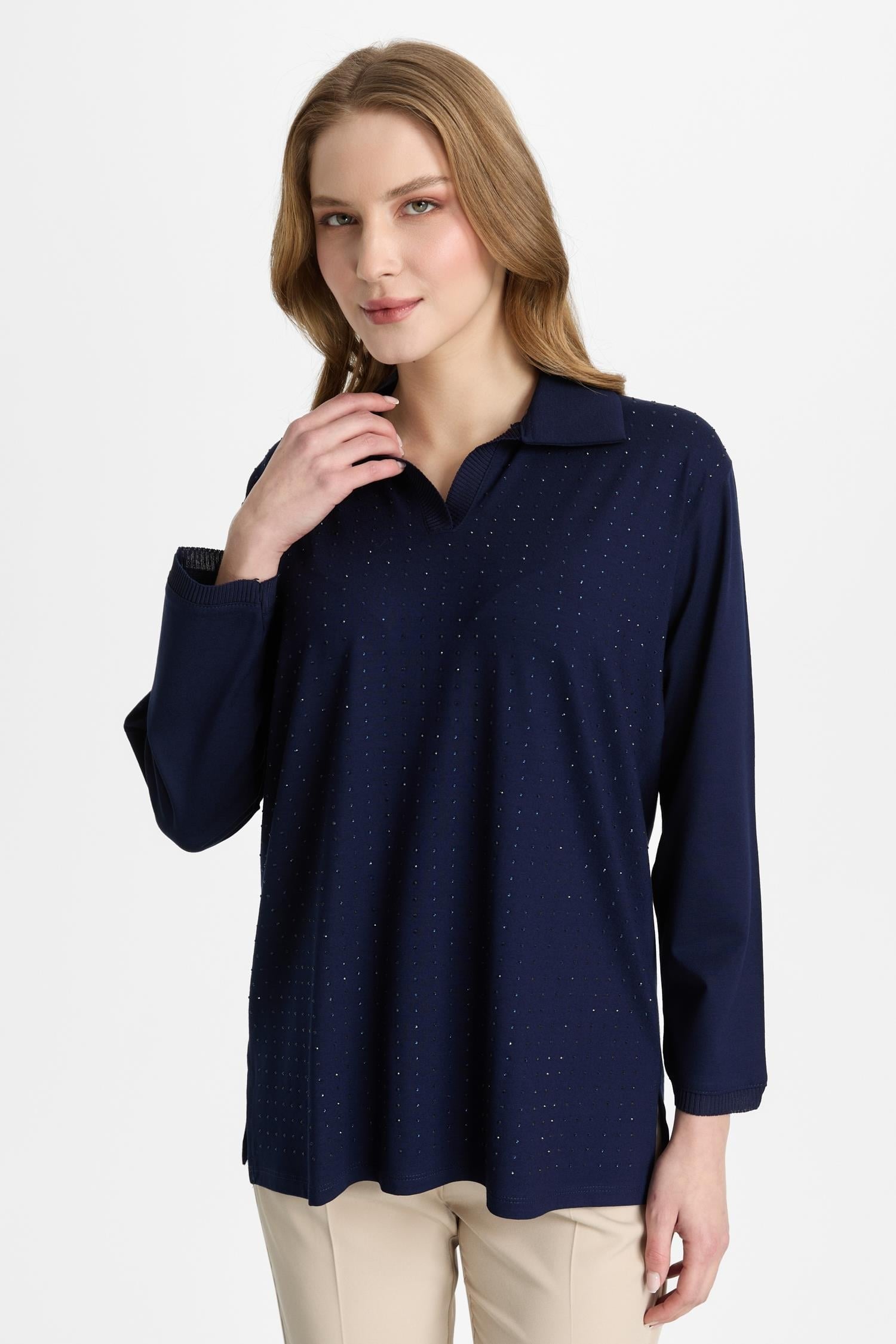 Mutlu Ertan Kadın Polo Yaka Taşlı Bluz Lacivert 30457