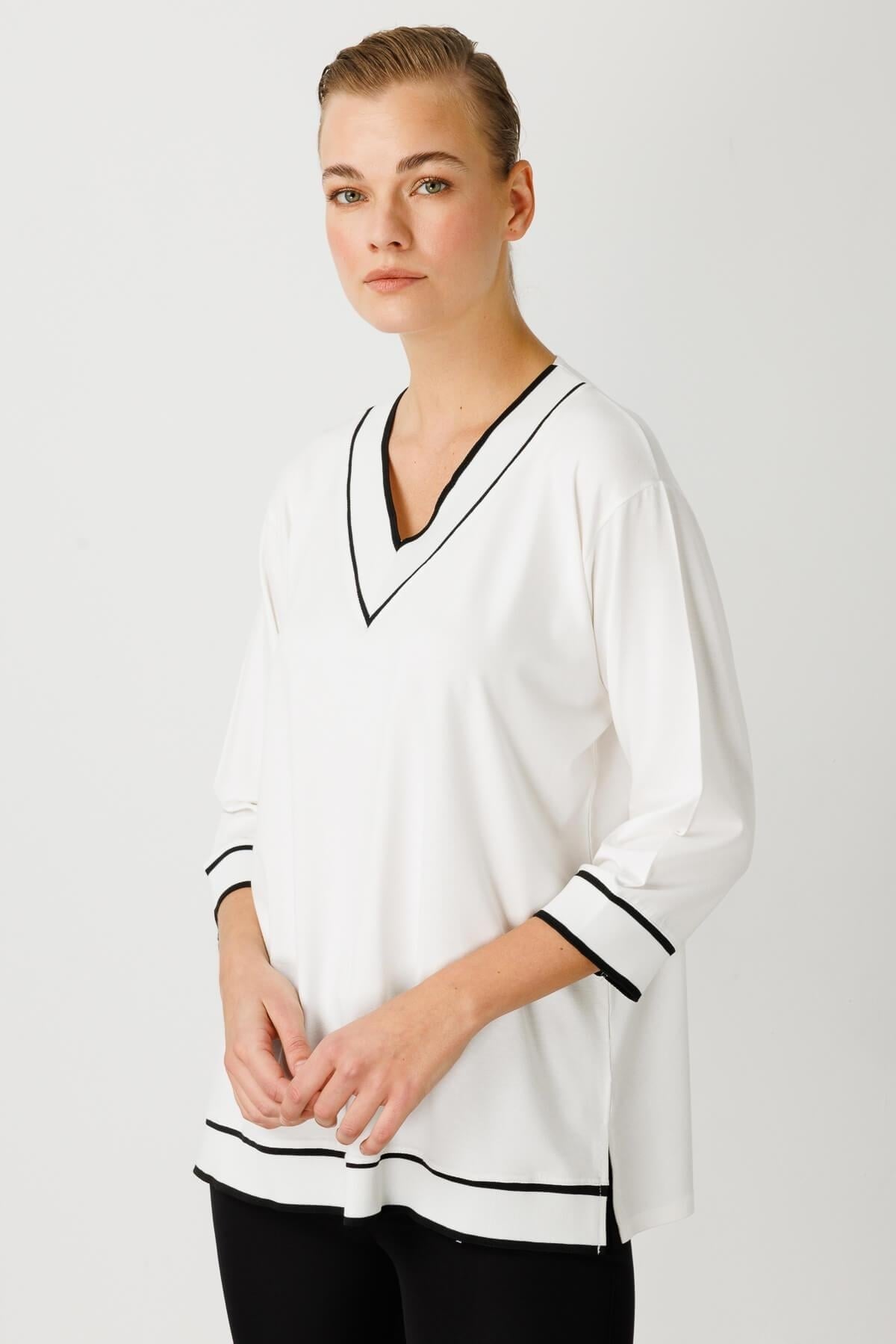 Mutlu Ertan Kadın Ribana Kombinli Penye Bluz Ekru 30233