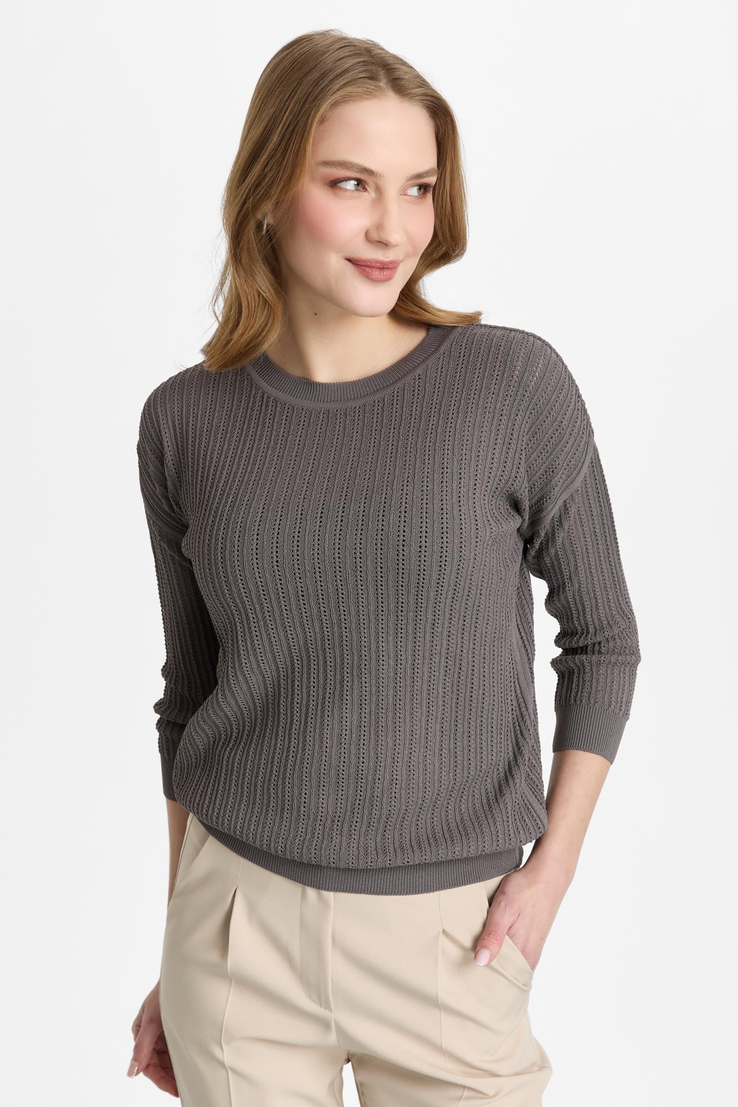 Mutlu Ertan Kadın Sıfır Yaka Triko Bluz Füme 20313