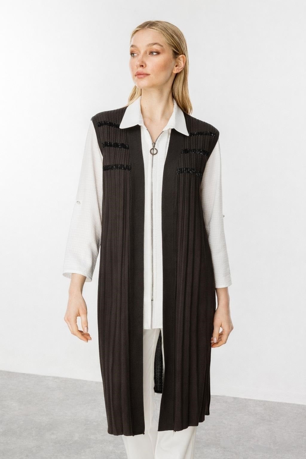 Mutlu Ertan Kadın Simli  Fitilli Yelek Kahve 20121