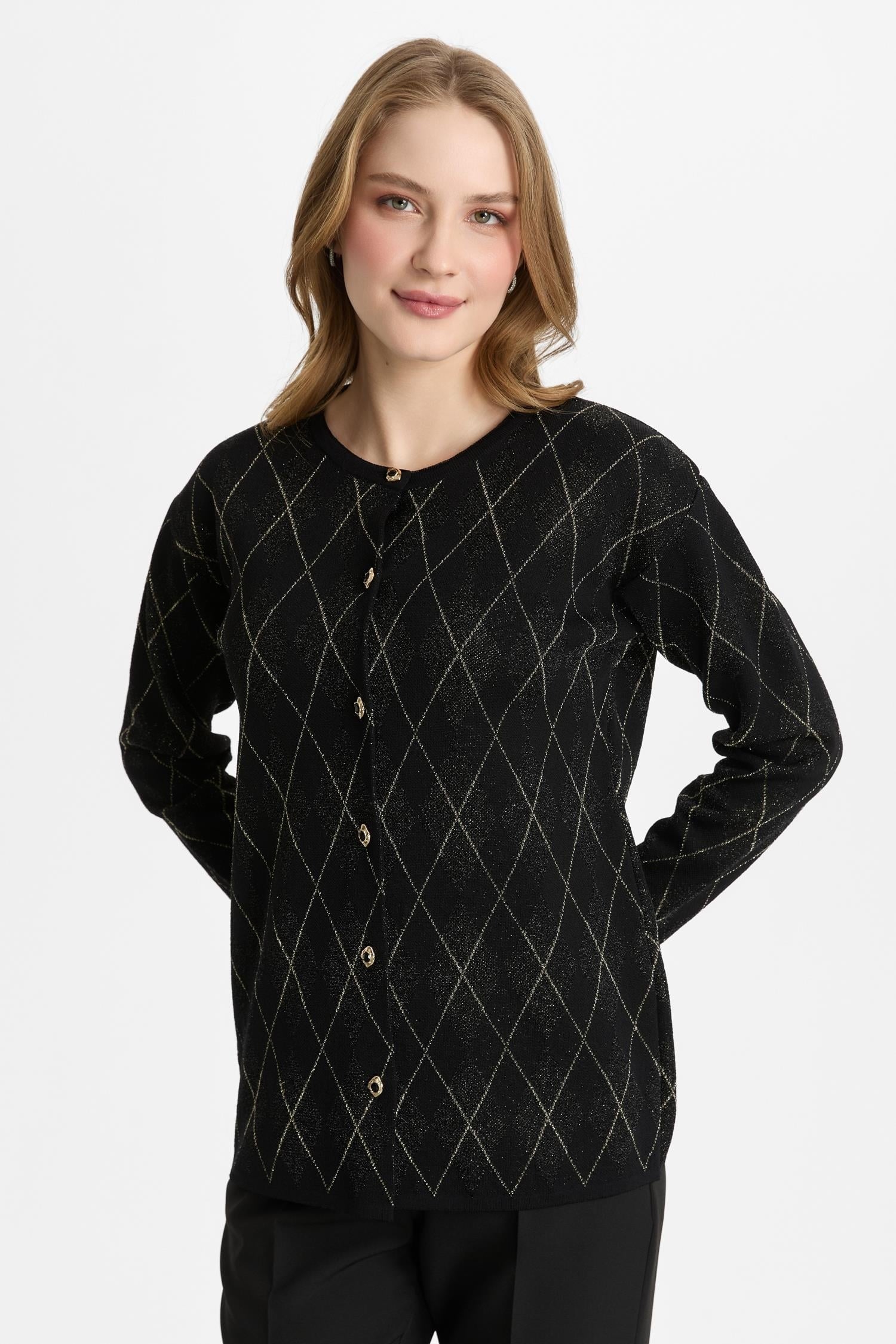 Mutlu Ertan Kadın Simli Baklavalı Düğmeli Hırka Siyah 20324