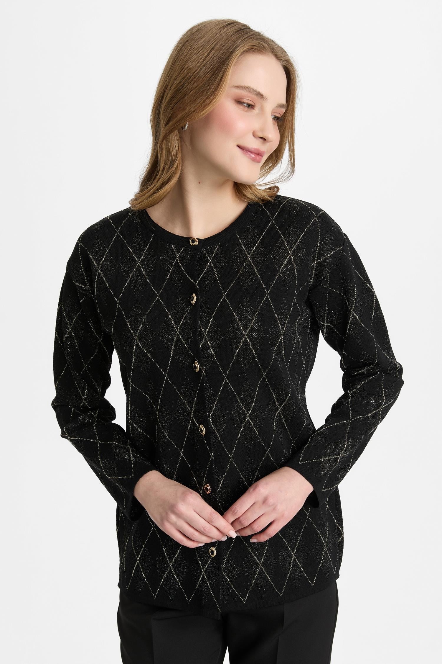 Mutlu Ertan Kadın Simli Baklavalı Düğmeli Hırka Siyah 20324