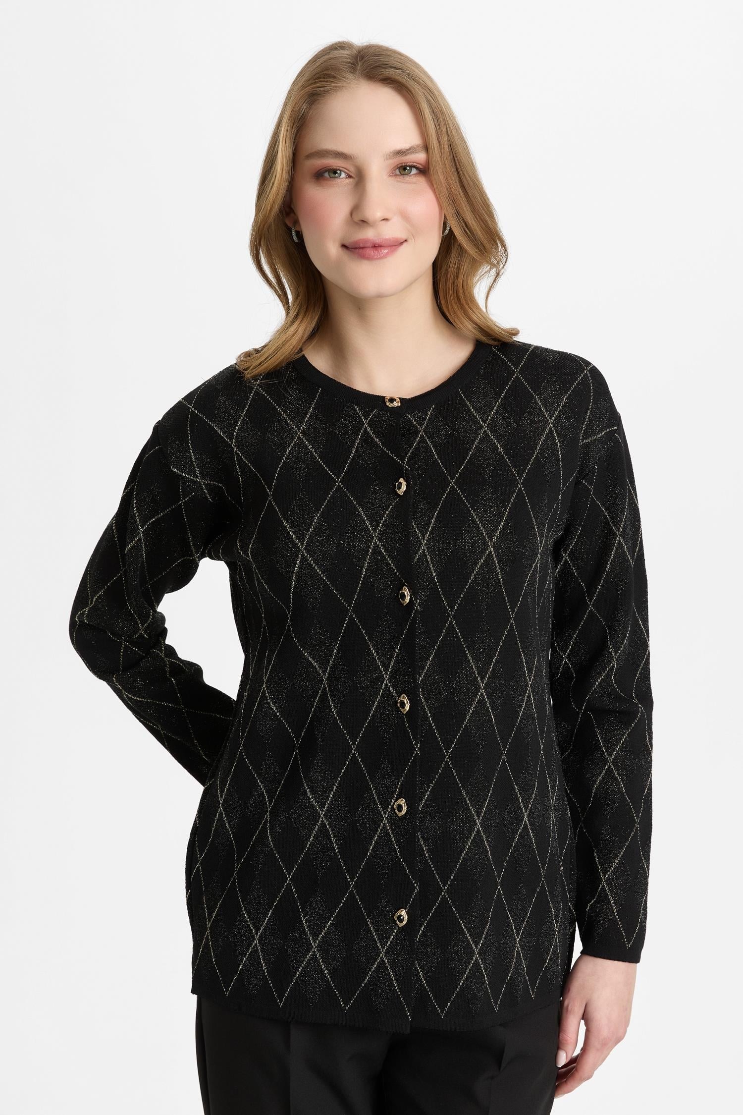 Mutlu Ertan Kadın Simli Baklavalı Düğmeli Hırka Siyah 20324