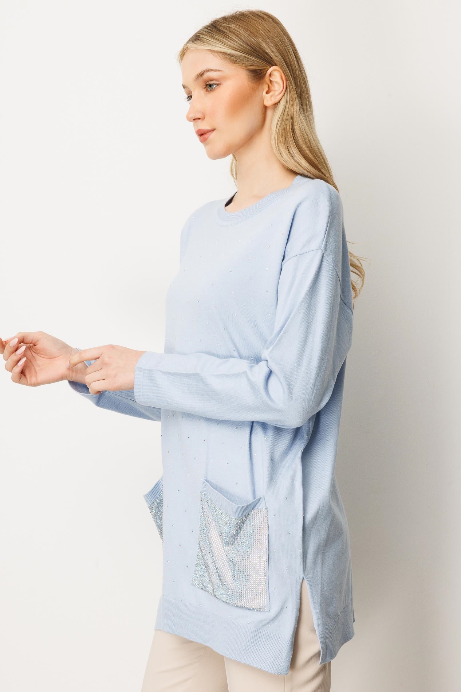 Mutlu Ertan Kadın Taş Baskılı Triko Bluz Mavi 20220