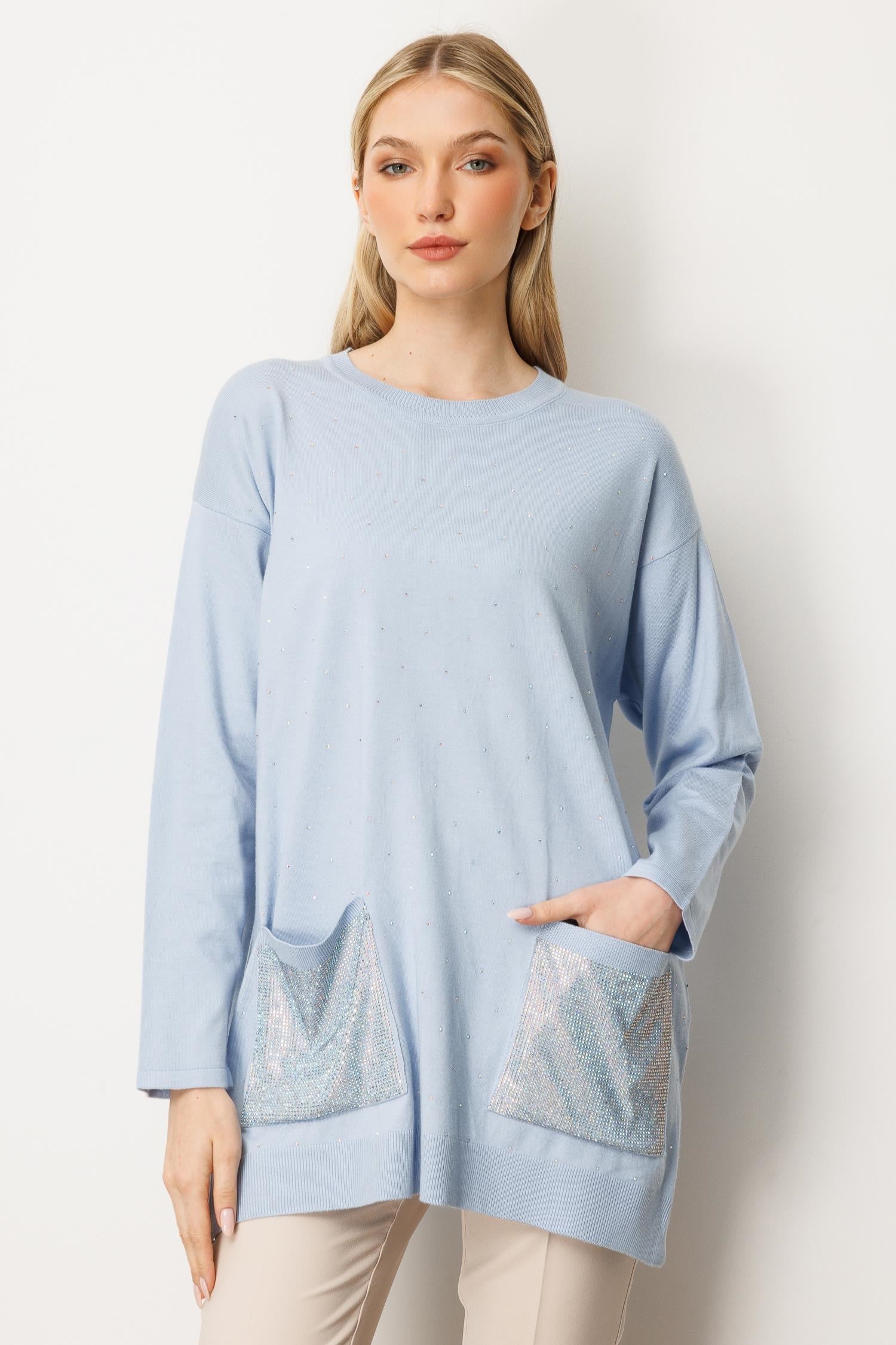 Mutlu Ertan Kadın Taş Baskılı Triko Bluz Mavi 20220