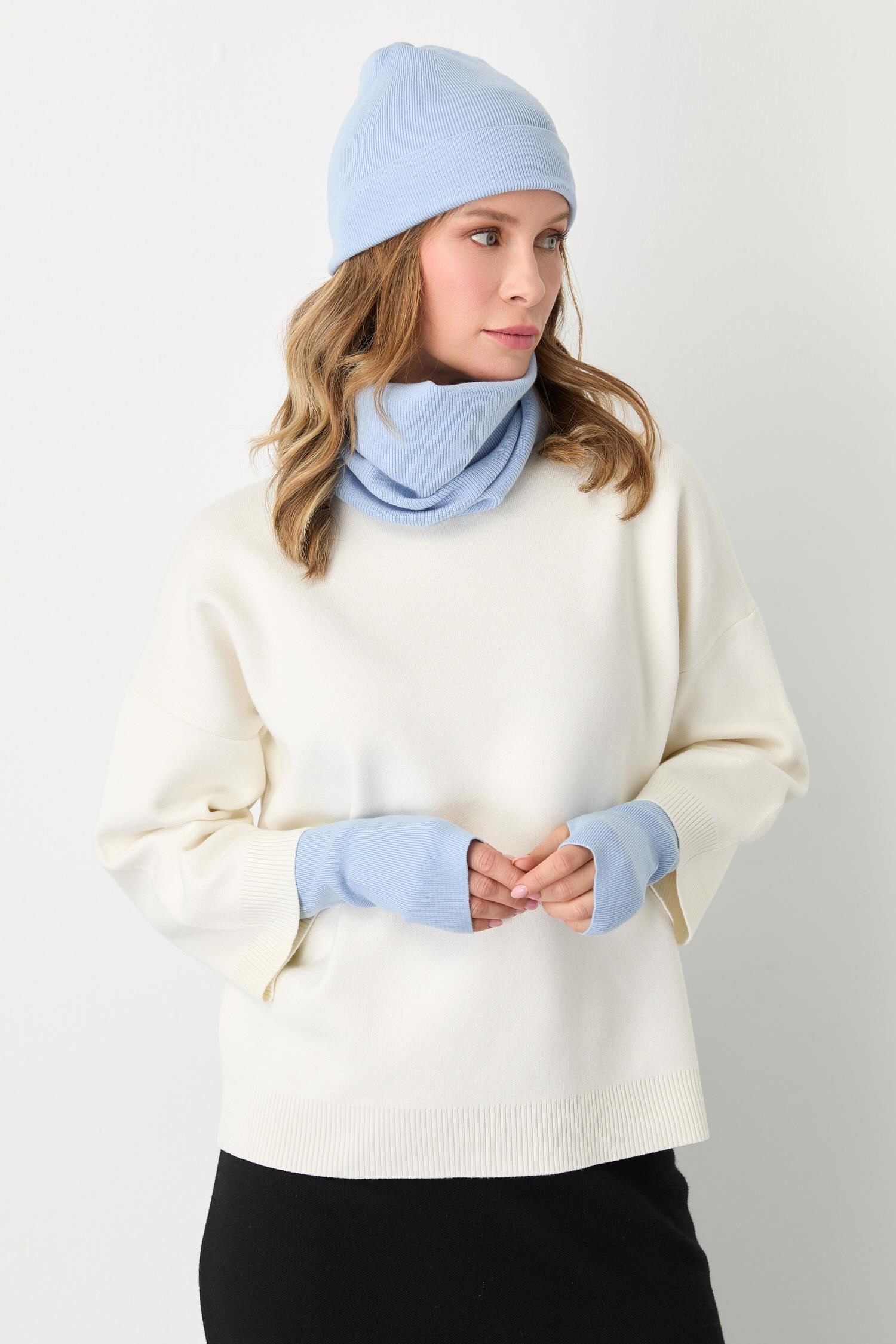 Mutlu Ertan Kadın Trio Set Triko Bere Boyunluk Eldiven Mavi 20288