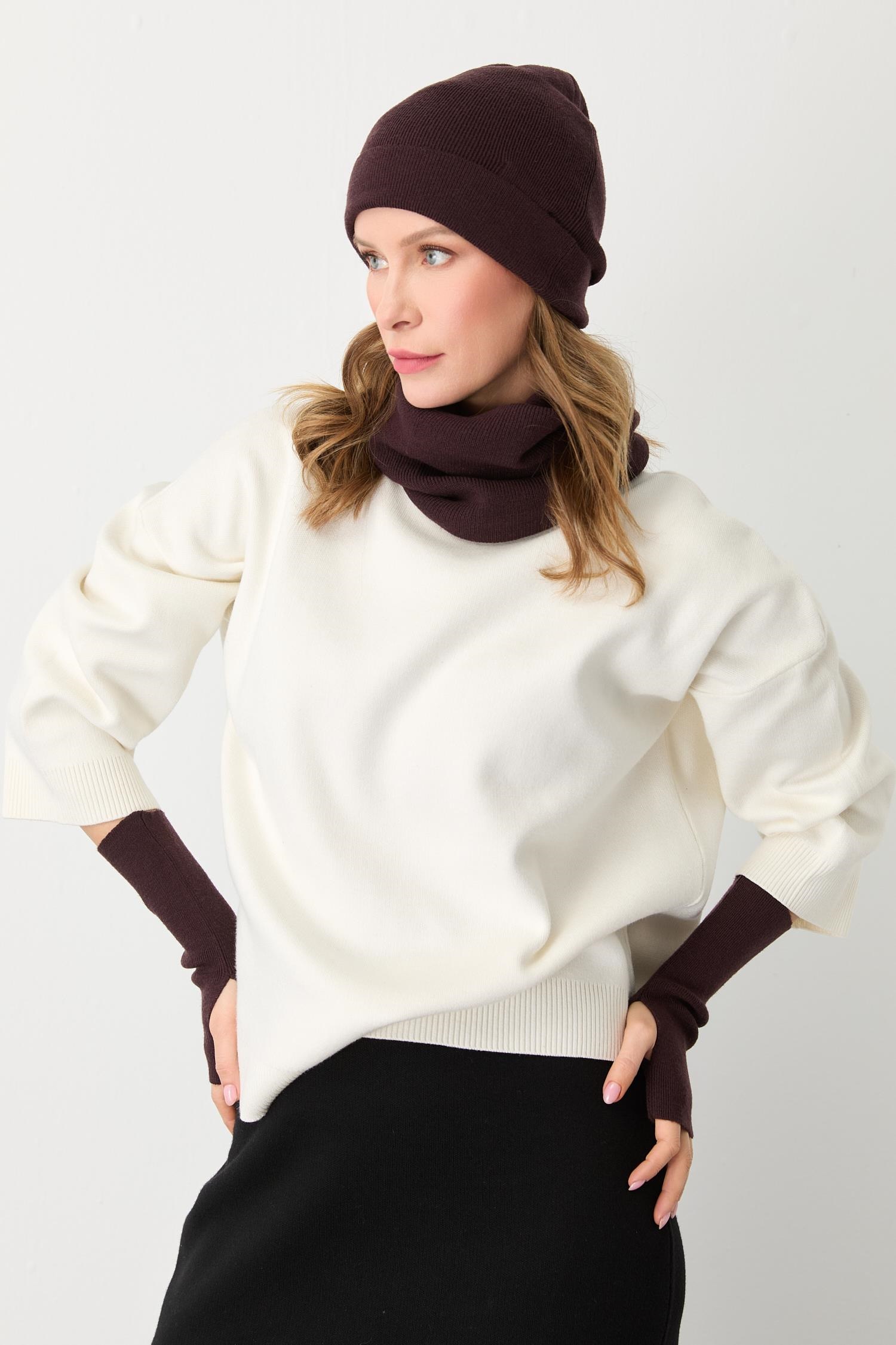 Mutlu Ertan Kadın Trio Set Triko Bere Boyunluk Eldiven Vino 20288